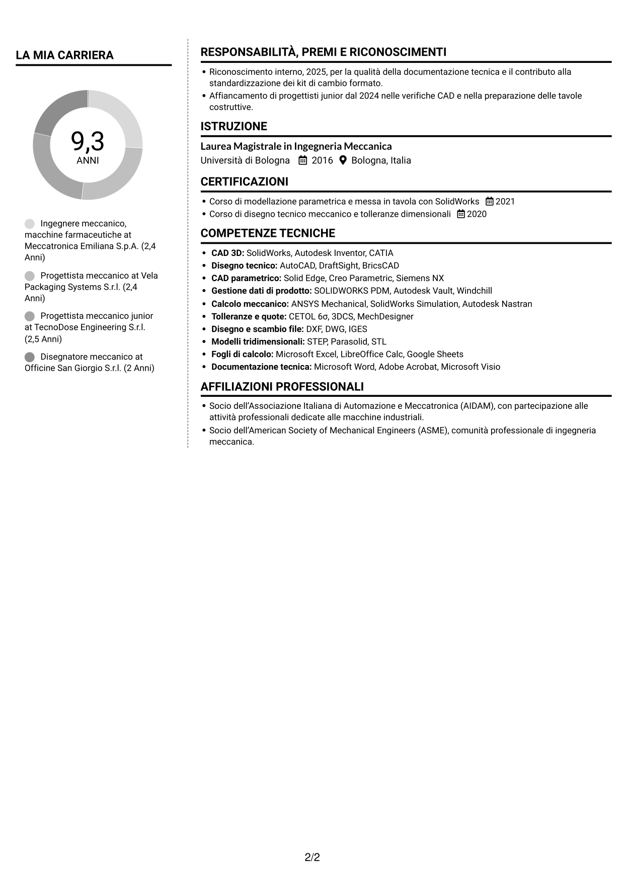 CV Moderno (formato a due colonne con foto a sinistra e separatore): Ingegnere Meccanico - Macchine Farmaceutiche, pagina 2