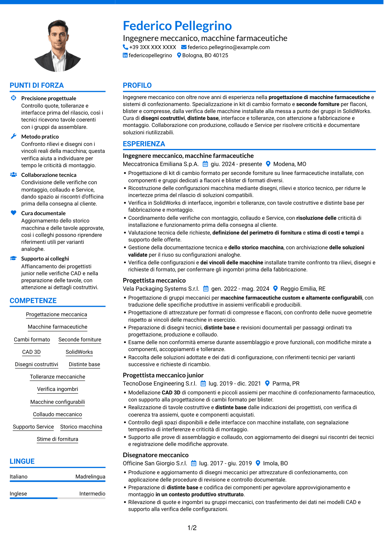 CV Audace (formato a due colonne con accenti colorati e foto): Ingegnere Meccanico - Macchine Farmaceutiche, pagina 1