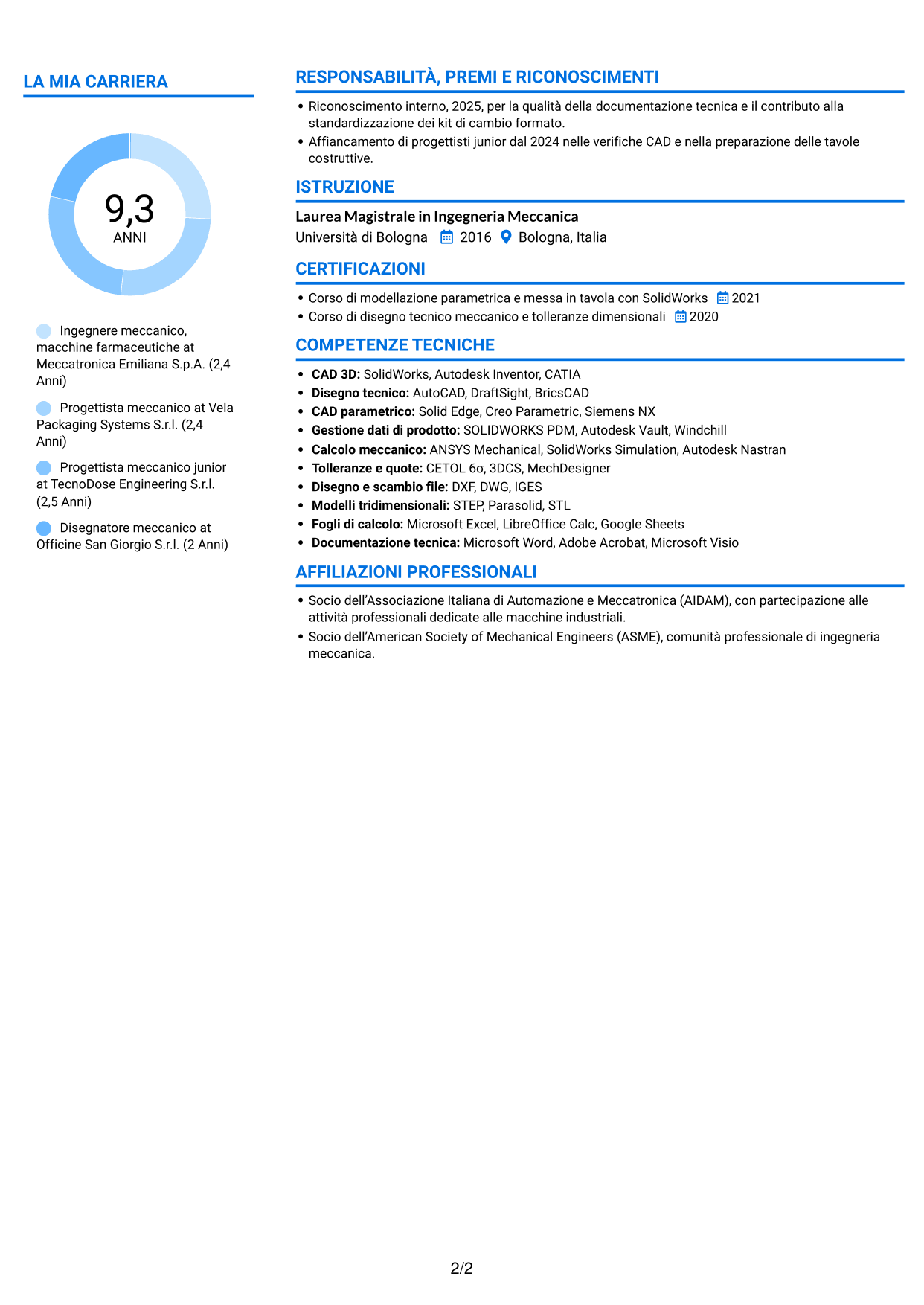 CV Audace (formato a due colonne con accenti colorati e foto): Ingegnere Meccanico - Macchine Farmaceutiche, pagina 2
