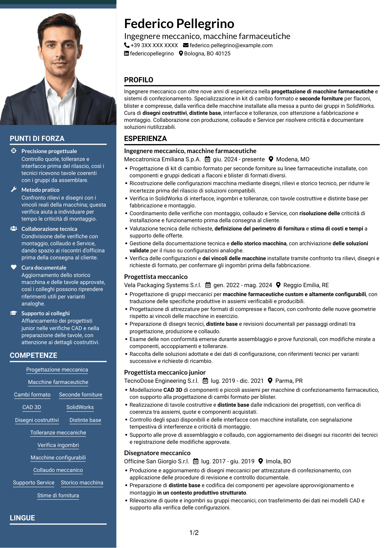 CV Signature (formato con colonna laterale colorata e foto grande): Ingegnere Meccanico - Macchine Farmaceutiche, pagina 1