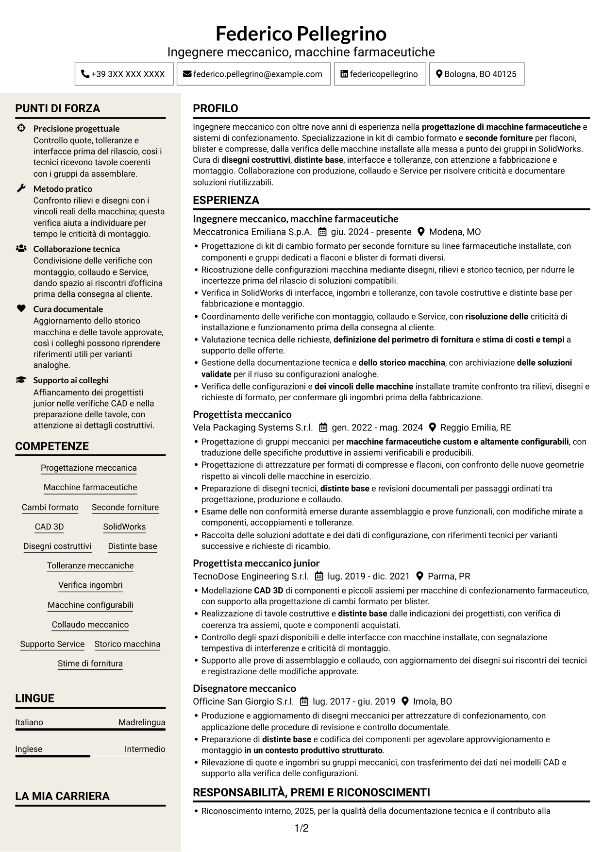 CV Intraprendente (formato a due colonne con intestazione centrata senza foto): Ingegnere Meccanico - Macchine Farmaceutiche, pagina 1