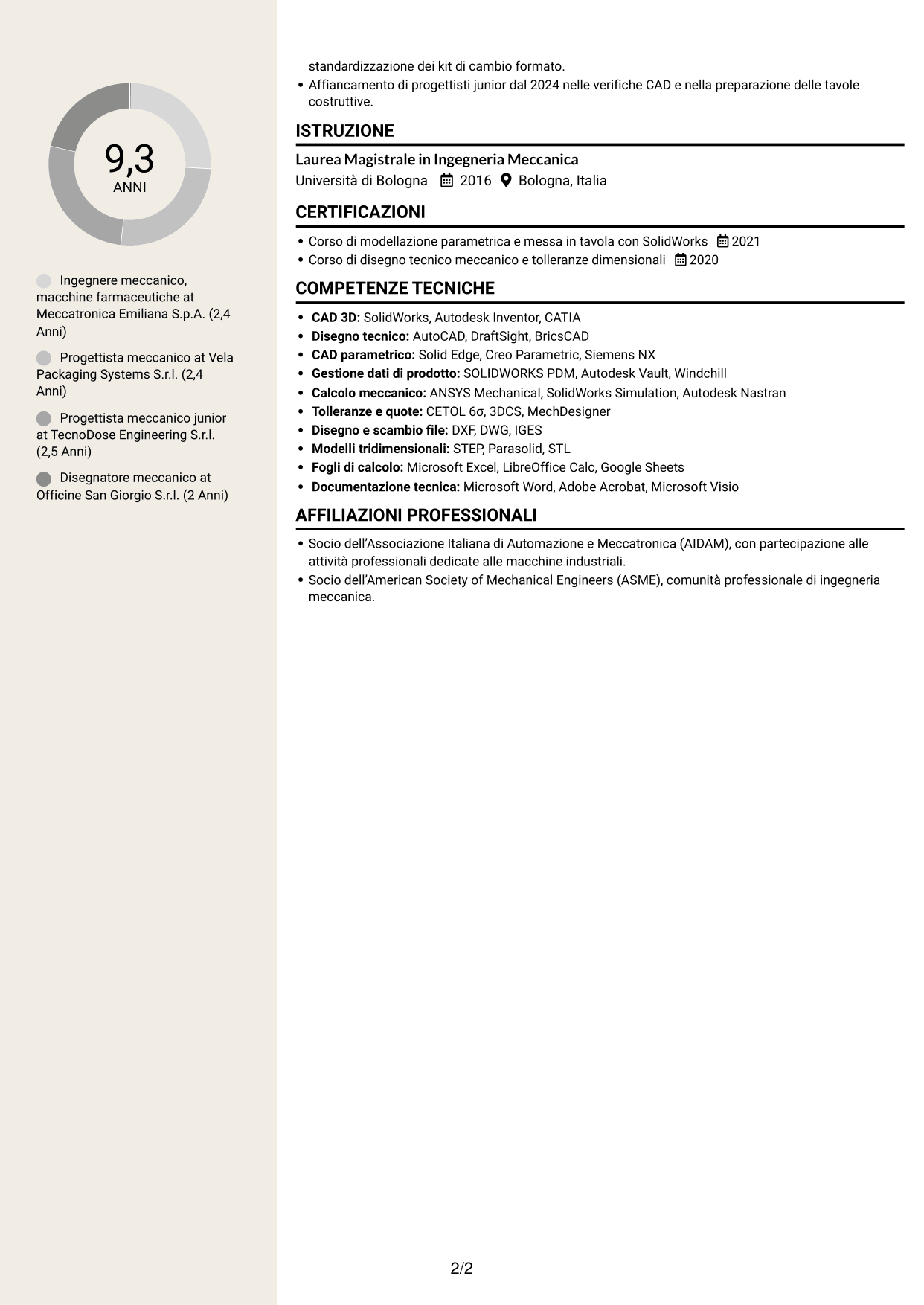 CV Intraprendente (formato a due colonne con intestazione centrata senza foto): Ingegnere Meccanico - Macchine Farmaceutiche, pagina 2