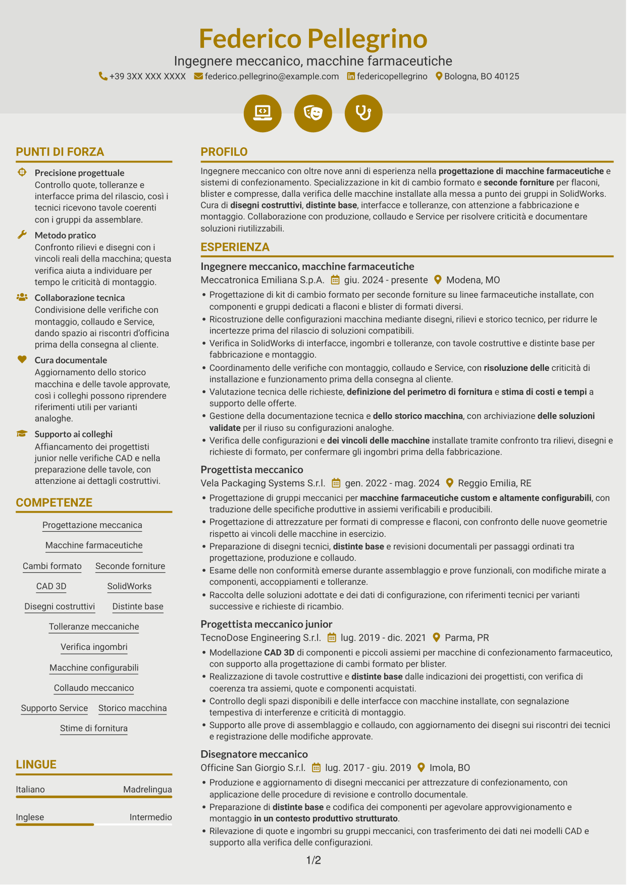 CV Dinamico (formato a due colonne con icone): Ingegnere Meccanico - Macchine Farmaceutiche, pagina 1