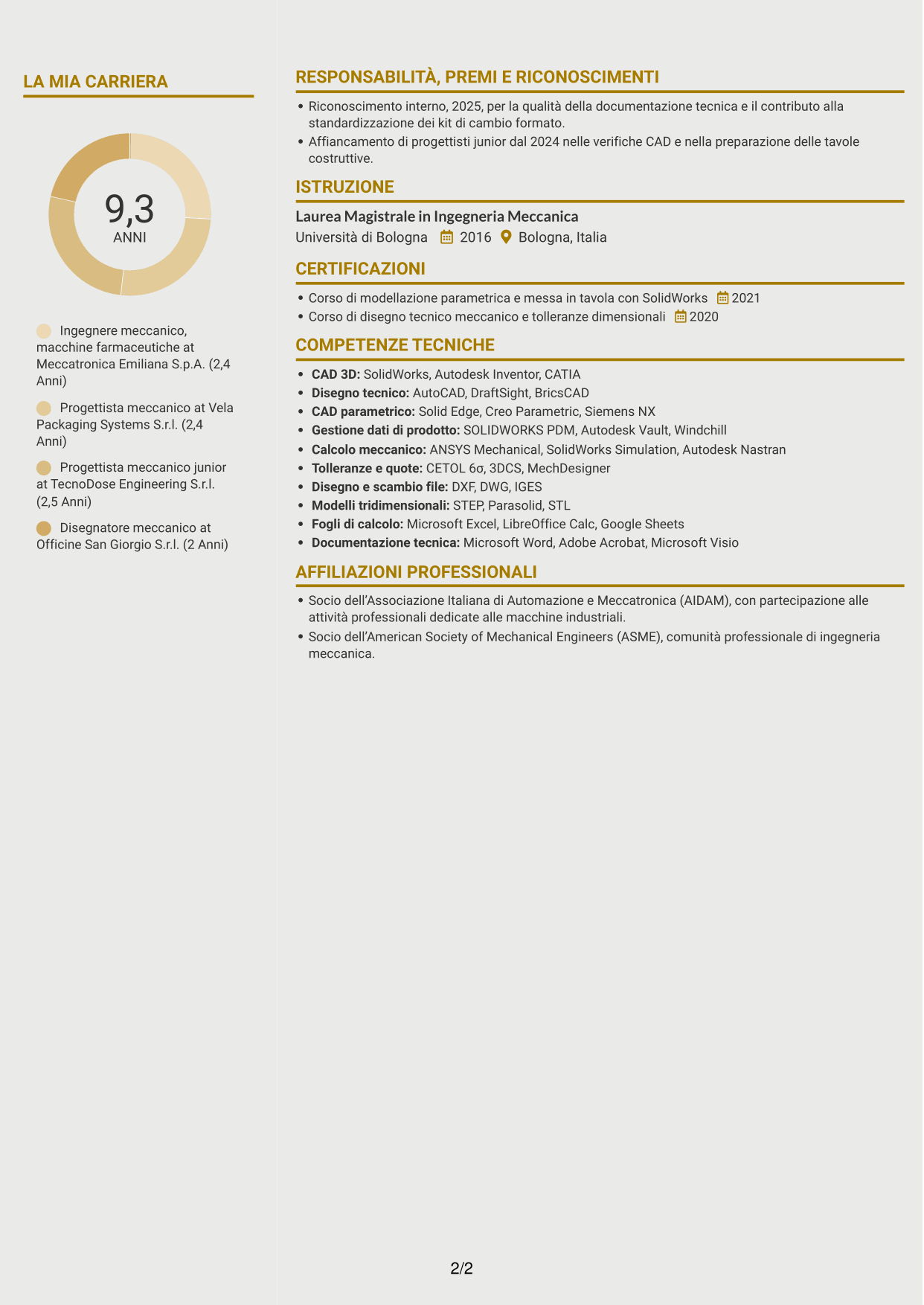 CV Dinamico (formato a due colonne con icone): Ingegnere Meccanico - Macchine Farmaceutiche, pagina 2