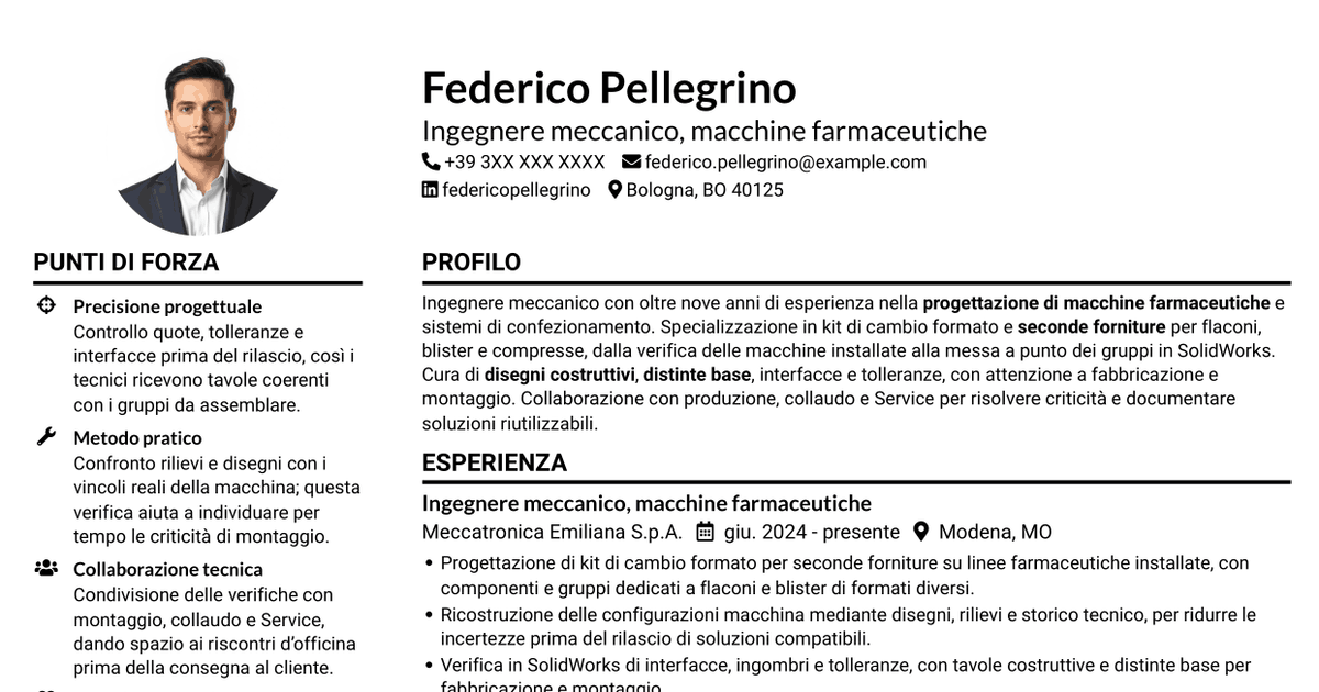 7 modelli di CV per Ingegnere Meccanico - Macchine Farmaceutiche, con esempi