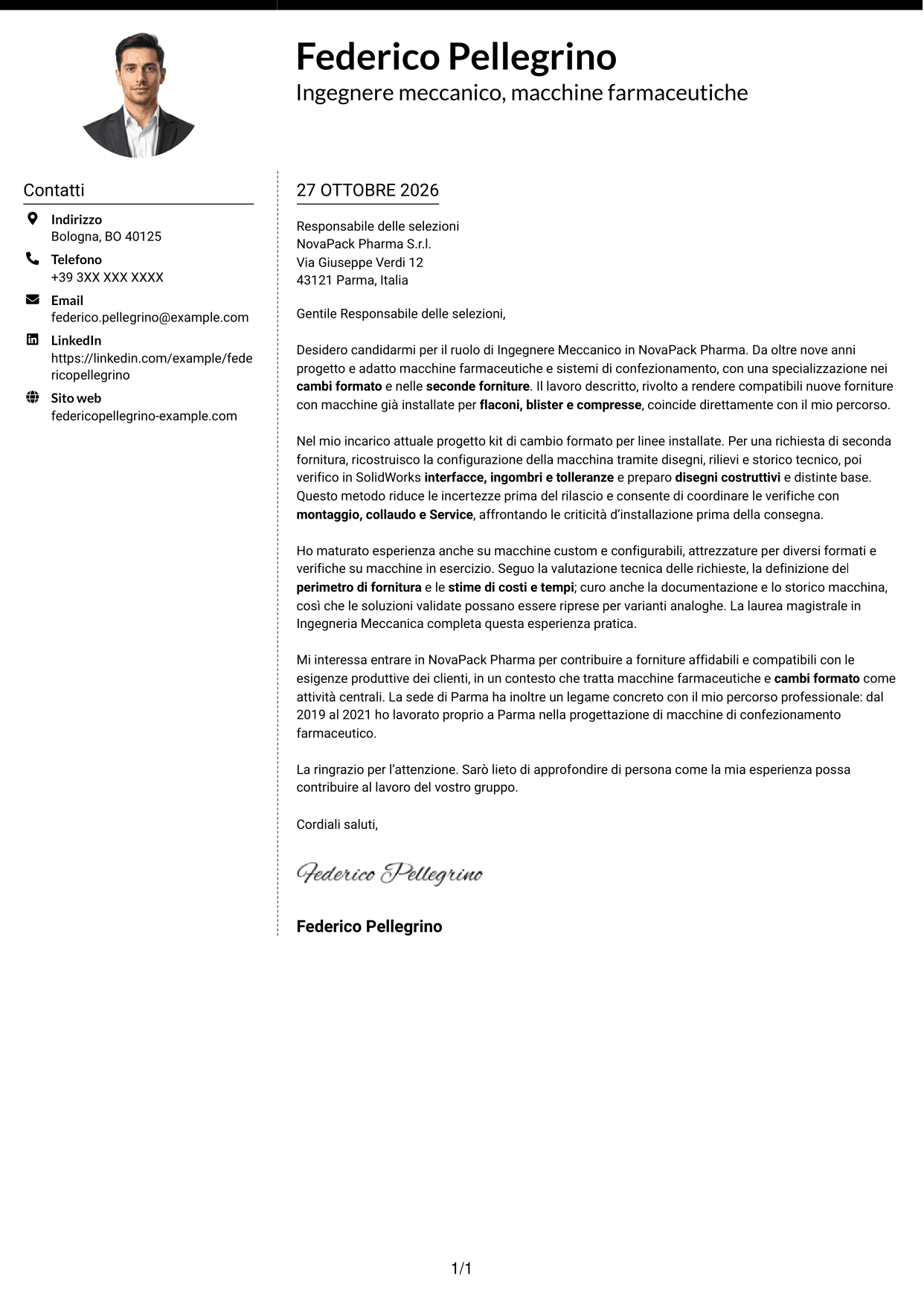 Lettera di presentazione Moderno (formato a due colonne con foto a sinistra e separatore): Ingegnere Meccanico - Macchine Farmaceutiche, pagina 1