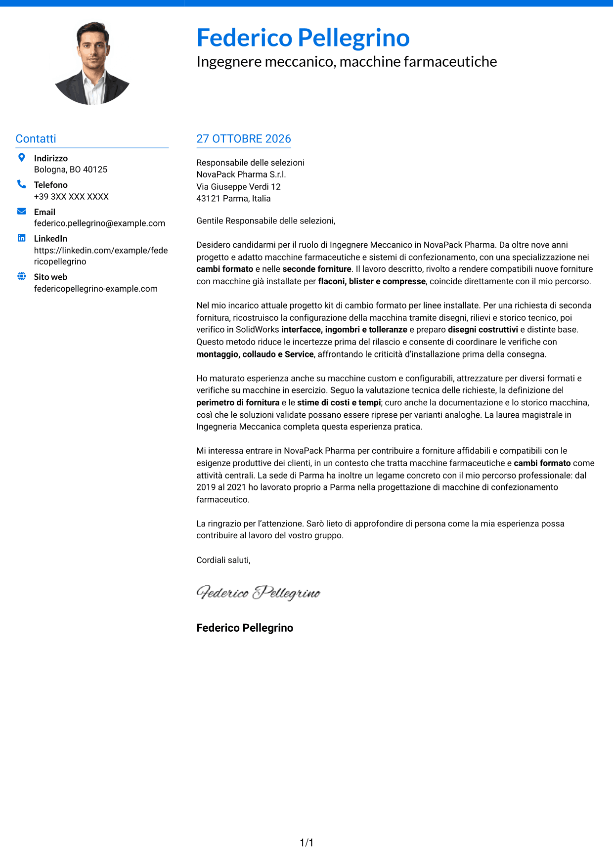 Lettera di presentazione Audace (formato a due colonne con accenti colorati e foto): Ingegnere Meccanico - Macchine Farmaceutiche, pagina 1