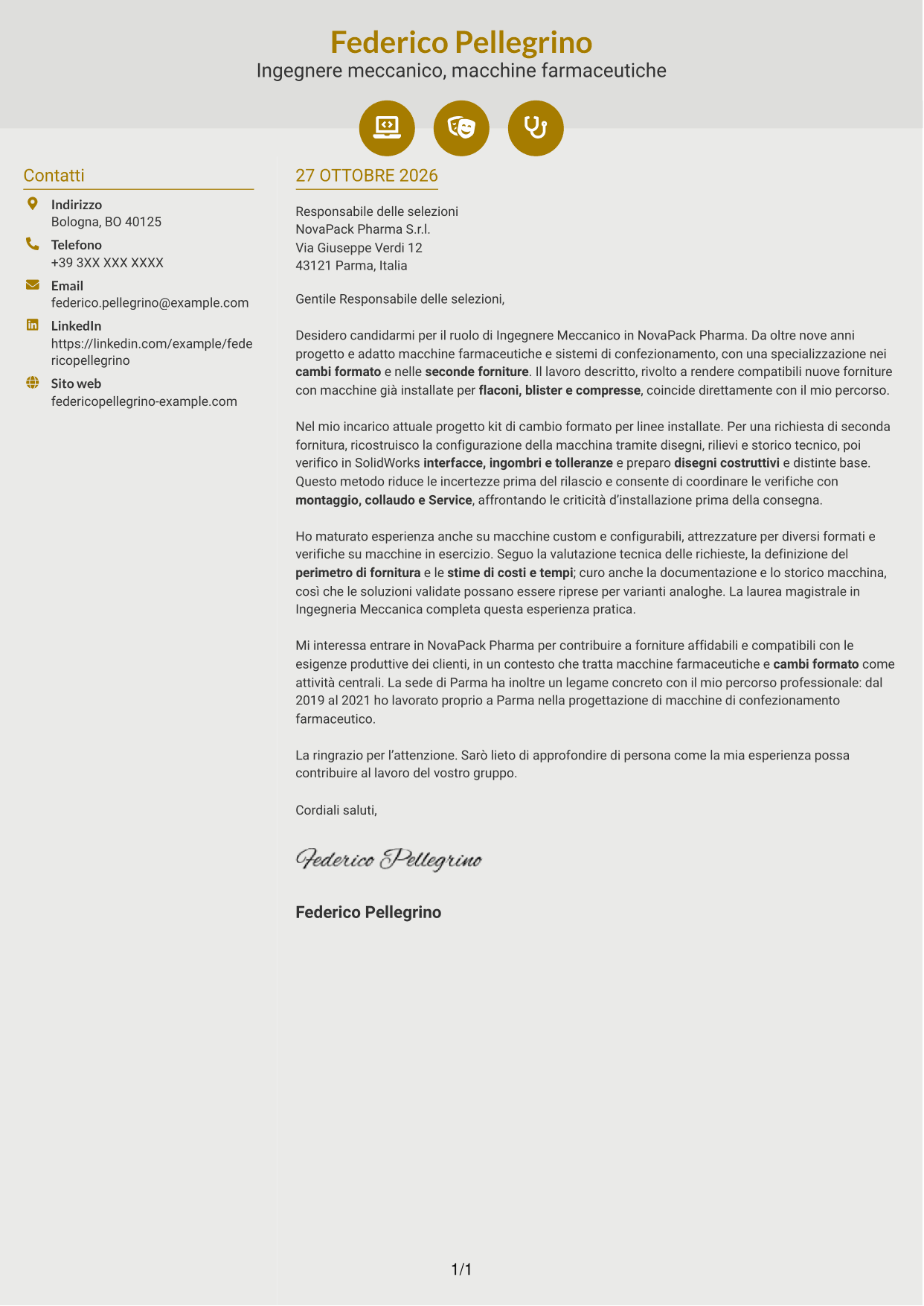Lettera di presentazione Dinamico (formato a due colonne con icone): Ingegnere Meccanico - Macchine Farmaceutiche, pagina 1