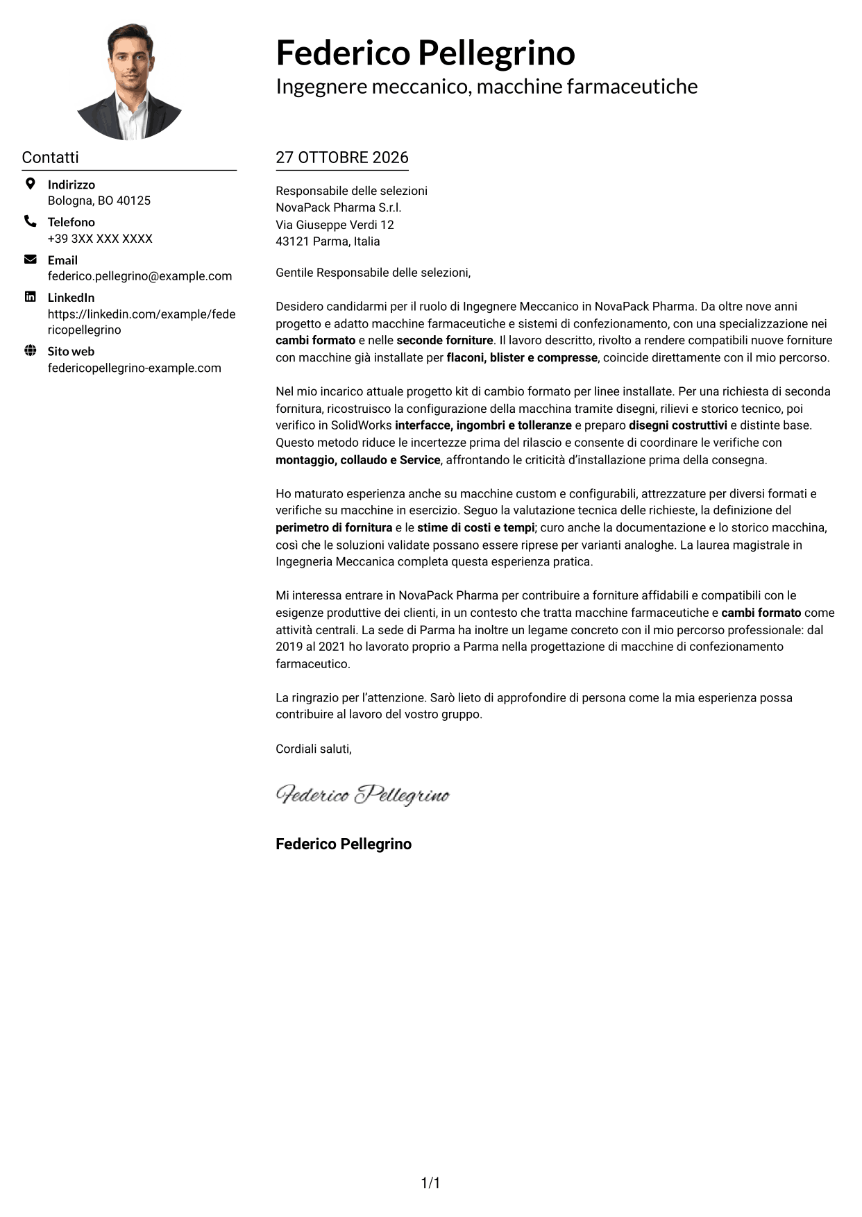 Esempio di lettera di presentazione — pagina 1