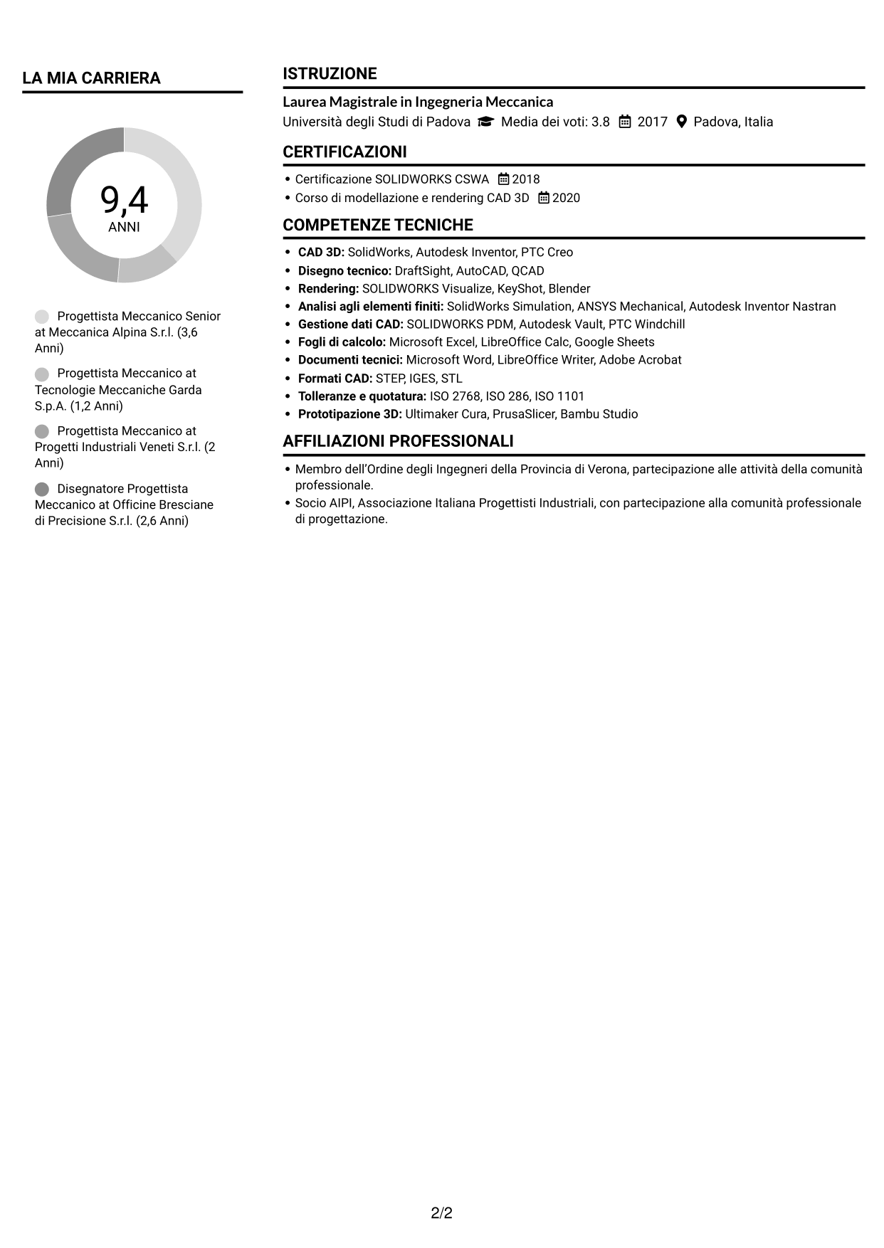 CV Compatto (formato sobrio a due colonne con foto): Ingegnere Meccanico - Progettazione di Componenti, pagina 2