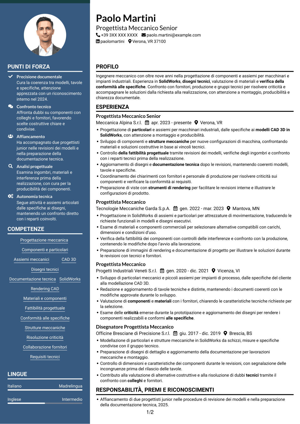 CV Elegante (formato con colonna laterale colorata e foto): Ingegnere Meccanico - Progettazione di Componenti, pagina 1