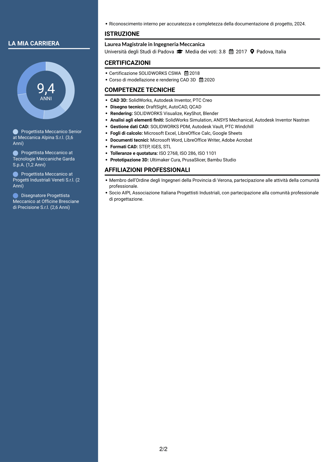 CV Elegante (formato con colonna laterale colorata e foto): Ingegnere Meccanico - Progettazione di Componenti, pagina 2