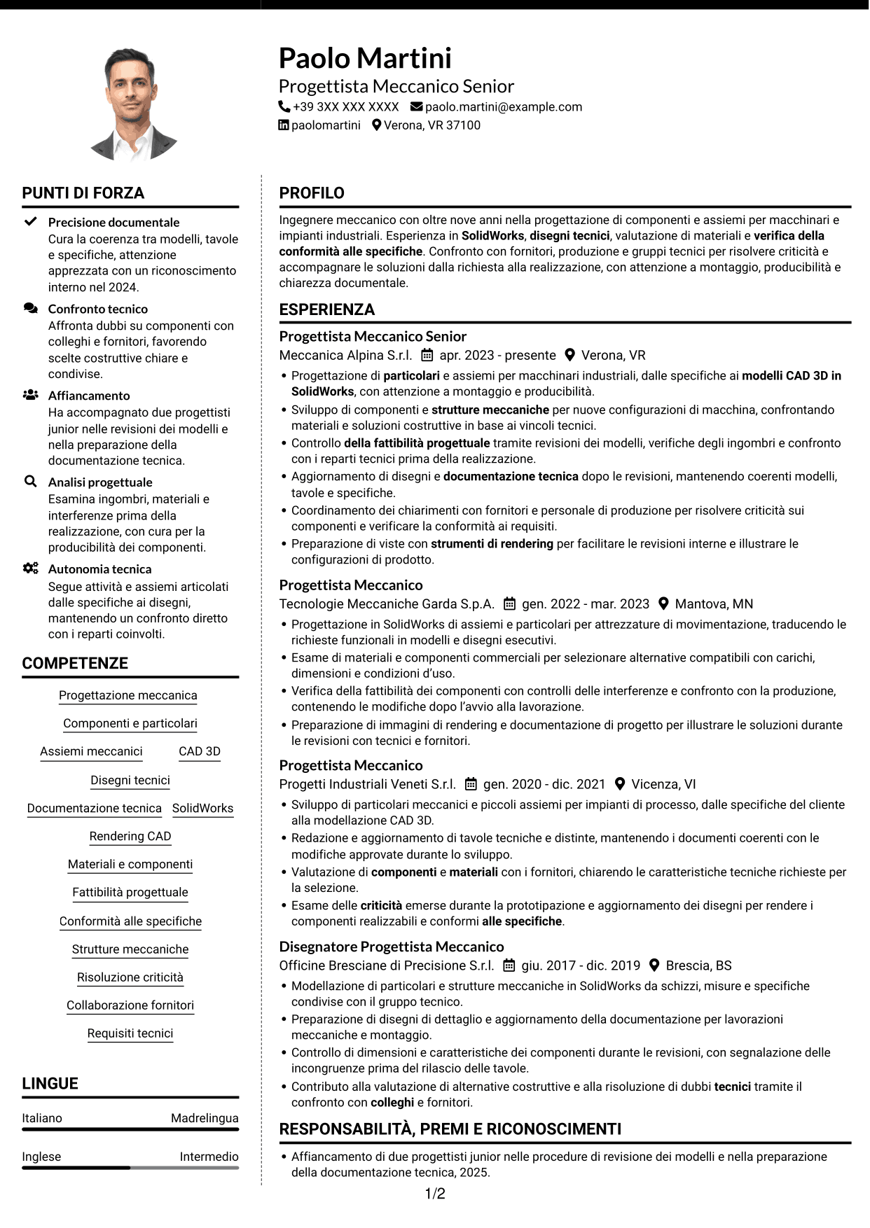 CV Moderno (formato a due colonne con foto a sinistra e separatore): Ingegnere Meccanico - Progettazione di Componenti, pagina 1