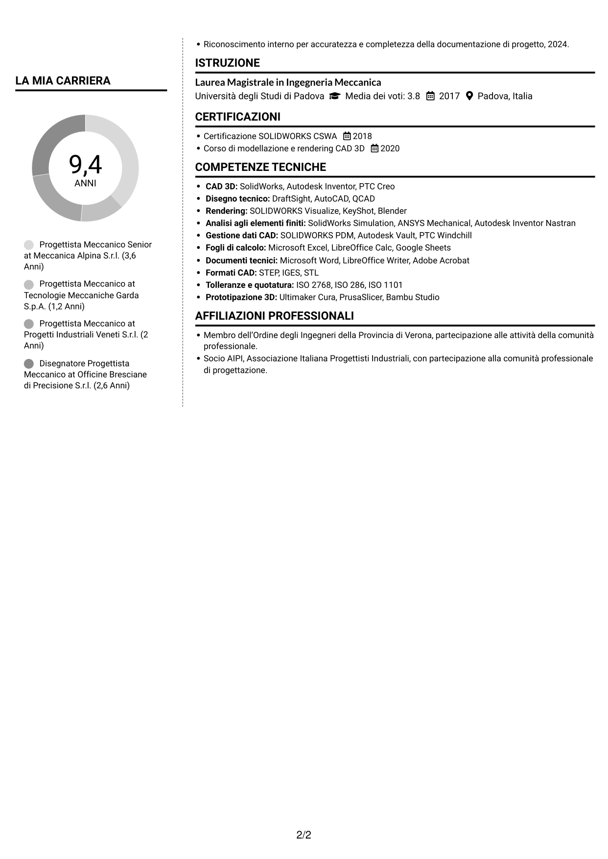 CV Moderno (formato a due colonne con foto a sinistra e separatore): Ingegnere Meccanico - Progettazione di Componenti, pagina 2