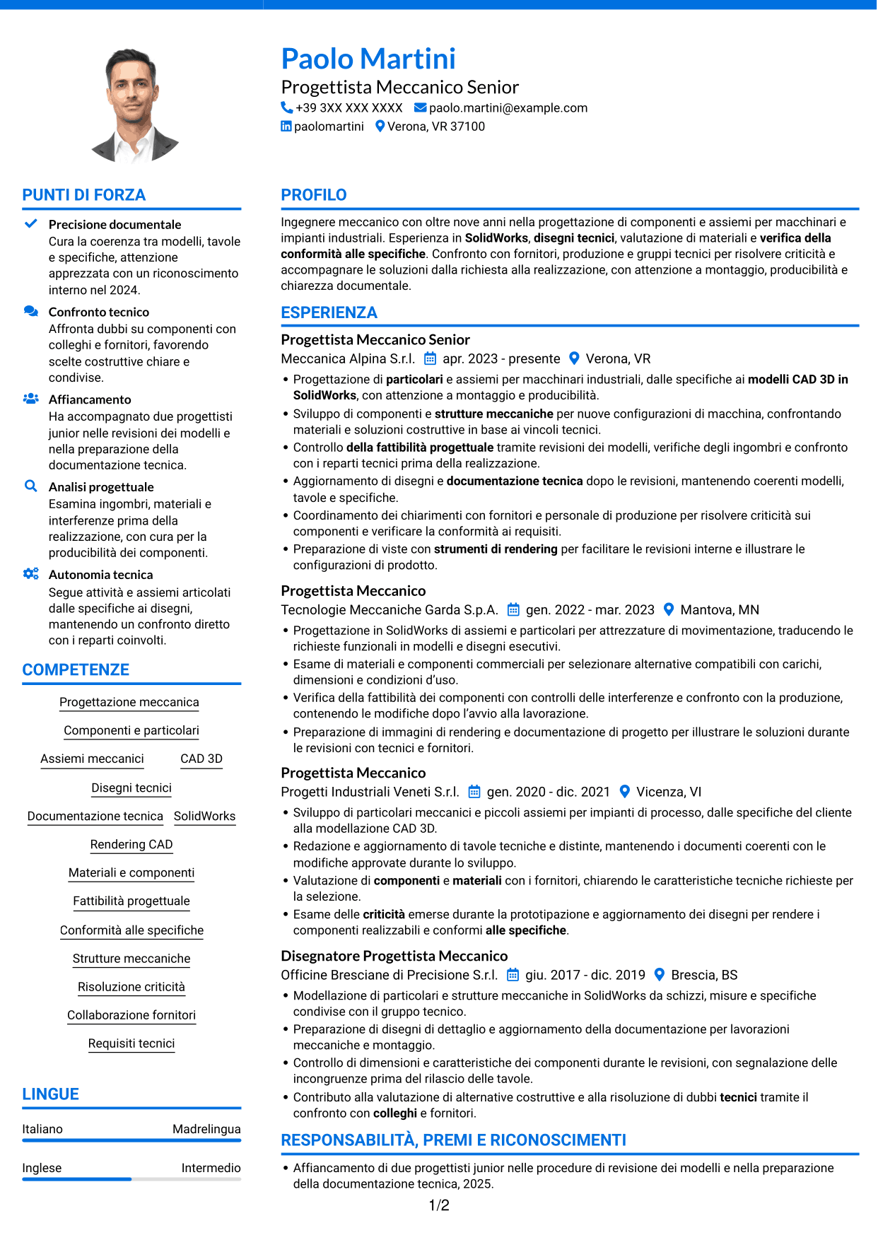 CV Audace (formato a due colonne con accenti colorati e foto): Ingegnere Meccanico - Progettazione di Componenti, pagina 1