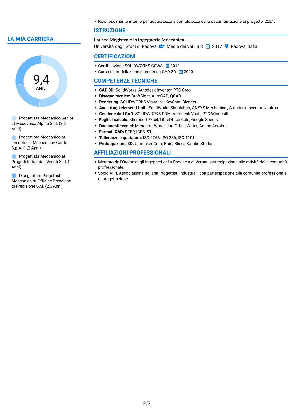 CV Audace (formato a due colonne con accenti colorati e foto): Ingegnere Meccanico - Progettazione di Componenti, pagina 2
