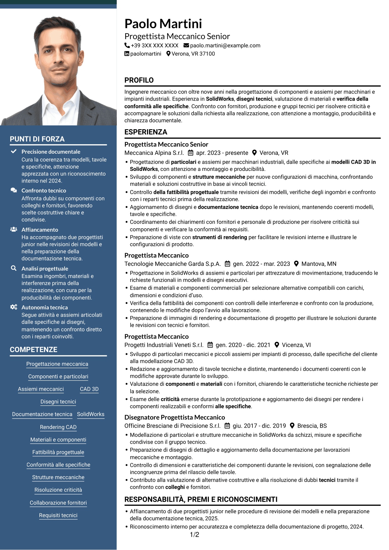 CV Signature (formato con colonna laterale colorata e foto grande): Ingegnere Meccanico - Progettazione di Componenti, pagina 1