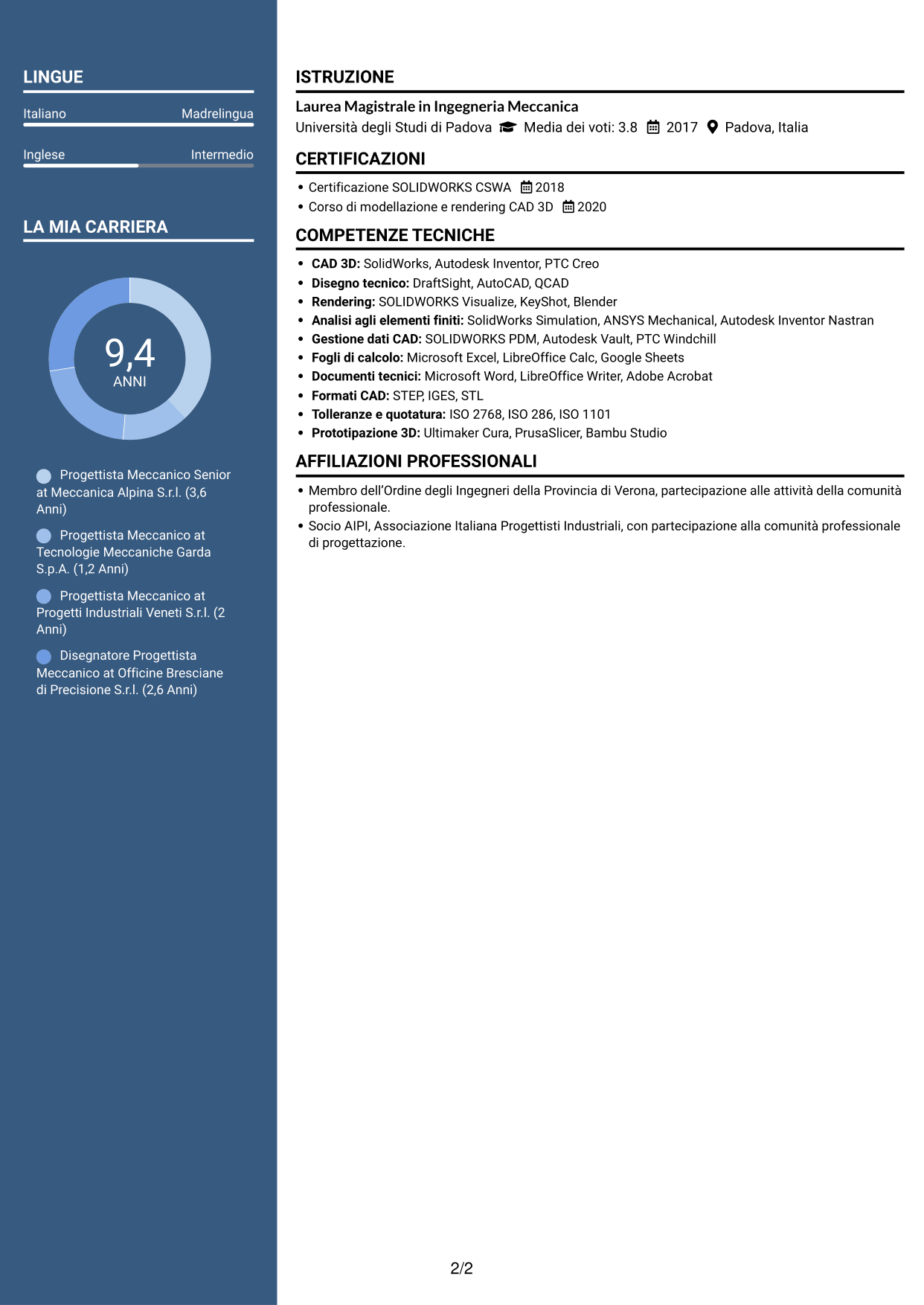 CV Signature (formato con colonna laterale colorata e foto grande): Ingegnere Meccanico - Progettazione di Componenti, pagina 2
