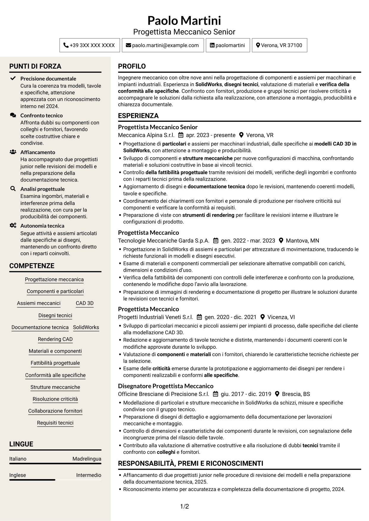 CV Intraprendente (formato a due colonne con intestazione centrata senza foto): Ingegnere Meccanico - Progettazione di Componenti, pagina 1