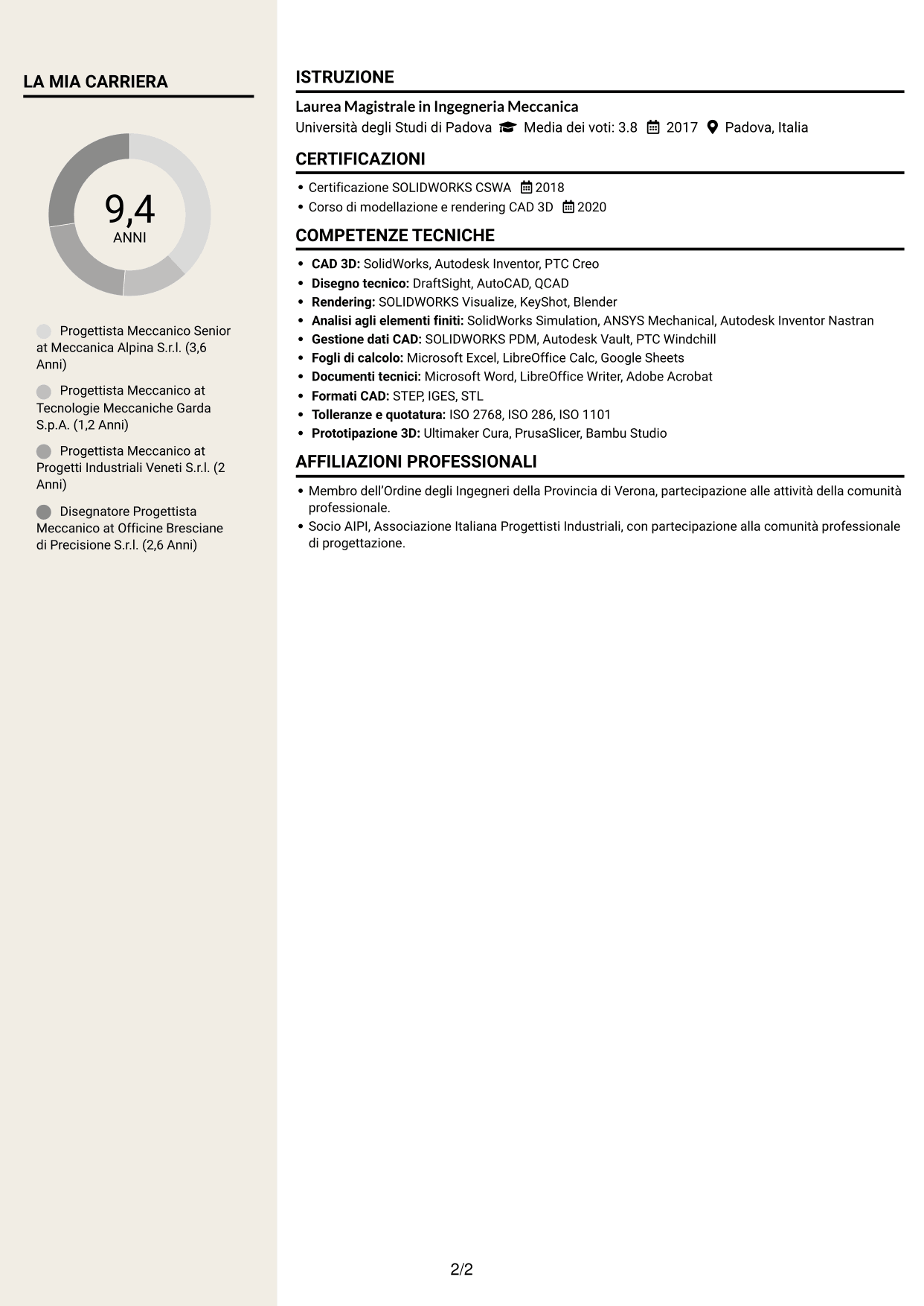 CV Intraprendente (formato a due colonne con intestazione centrata senza foto): Ingegnere Meccanico - Progettazione di Componenti, pagina 2
