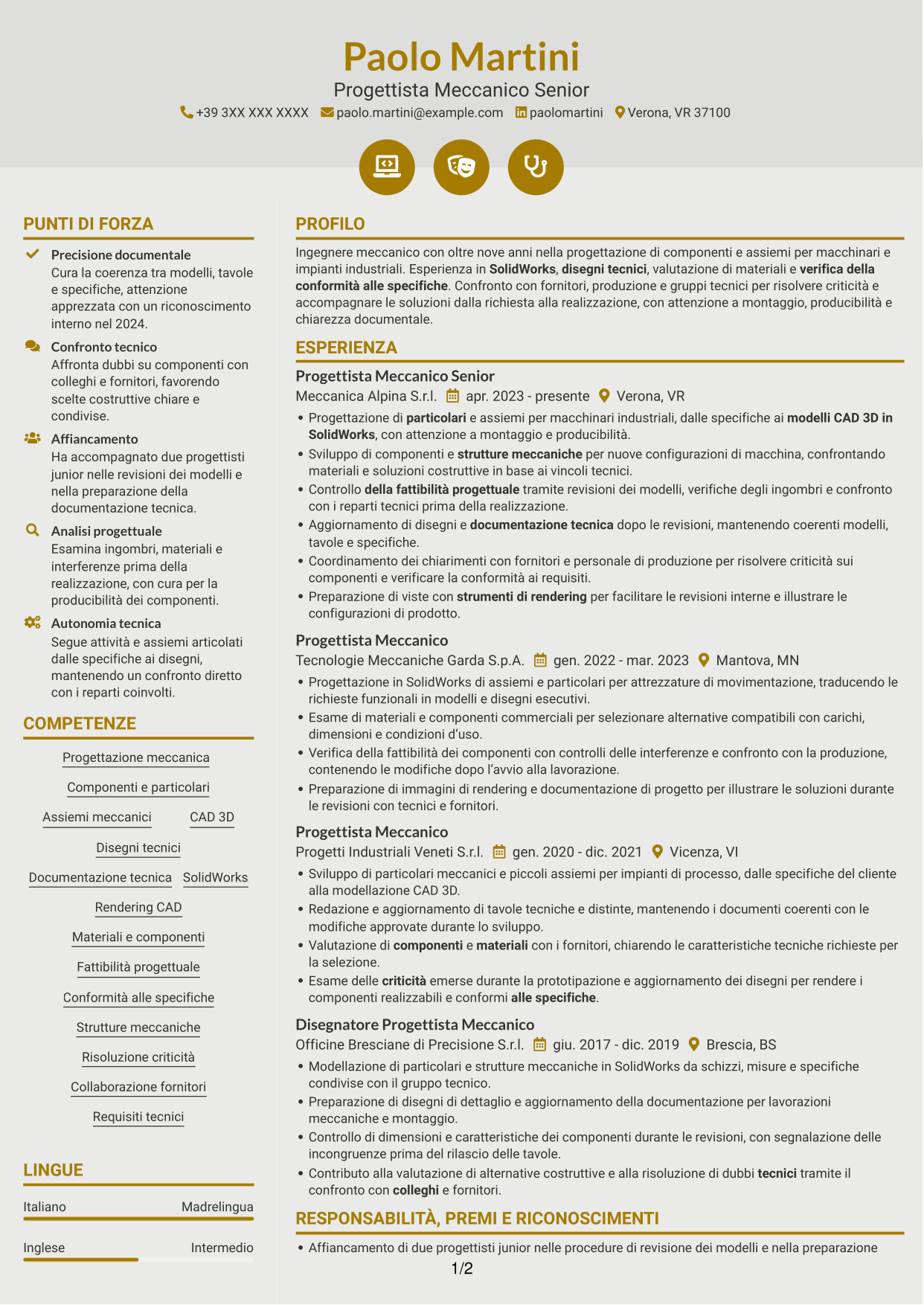 CV Dinamico (formato a due colonne con icone): Ingegnere Meccanico - Progettazione di Componenti, pagina 1