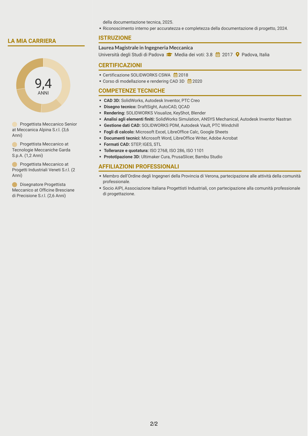 CV Dinamico (formato a due colonne con icone): Ingegnere Meccanico - Progettazione di Componenti, pagina 2