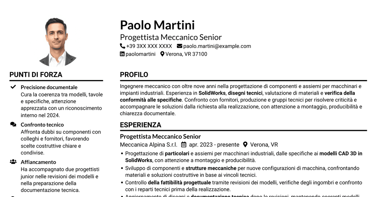 7 modelli di CV per Ingegnere Meccanico - Progettazione di Componenti, con esempi