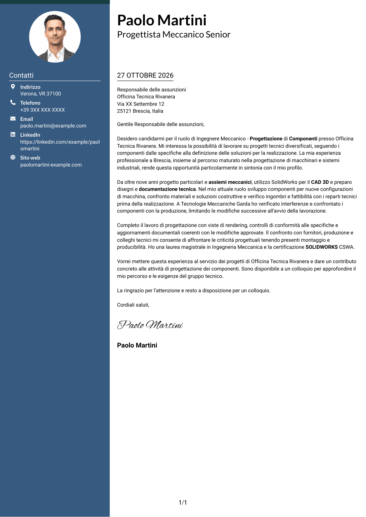 Lettera di presentazione Elegante (formato con colonna laterale colorata e foto): Ingegnere Meccanico - Progettazione di Componenti, pagina 1