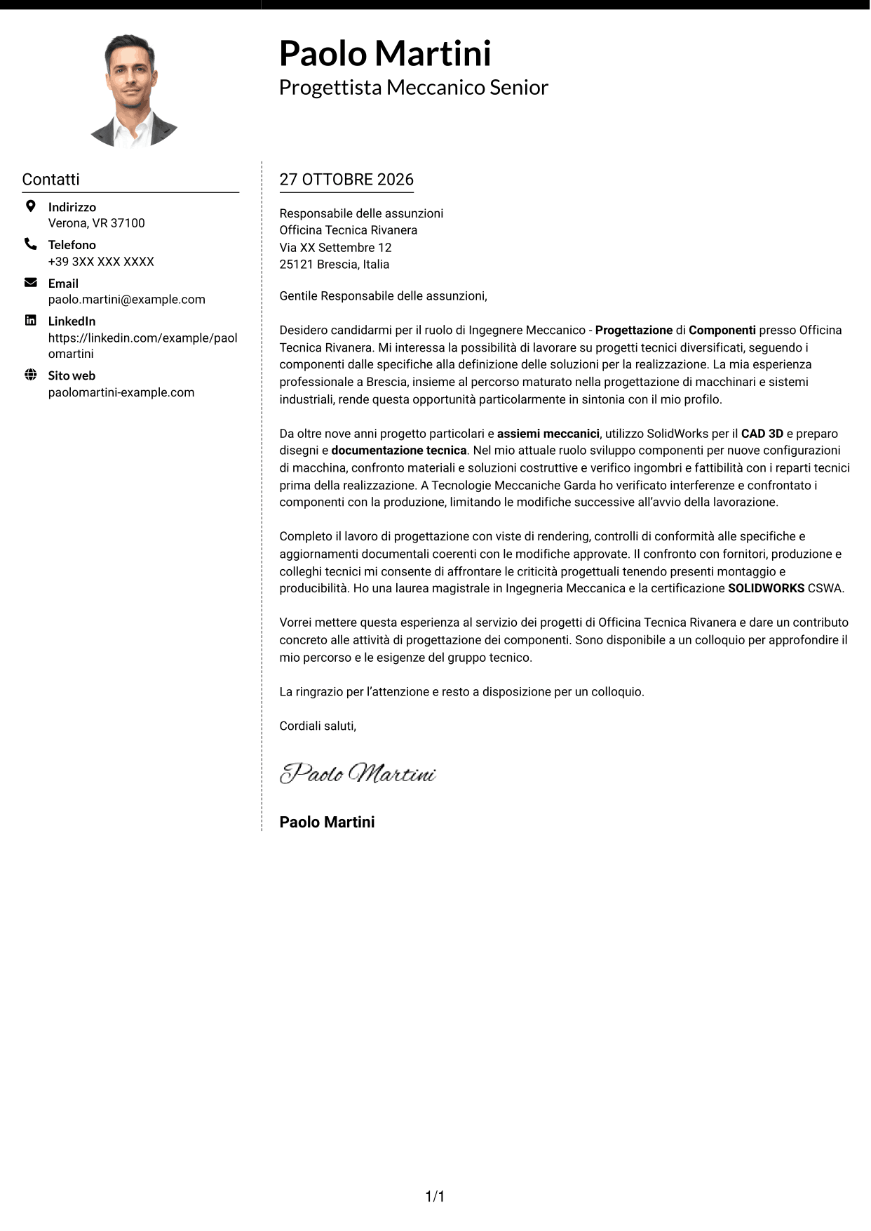 Lettera di presentazione Moderno (formato a due colonne con foto a sinistra e separatore): Ingegnere Meccanico - Progettazione di Componenti, pagina 1