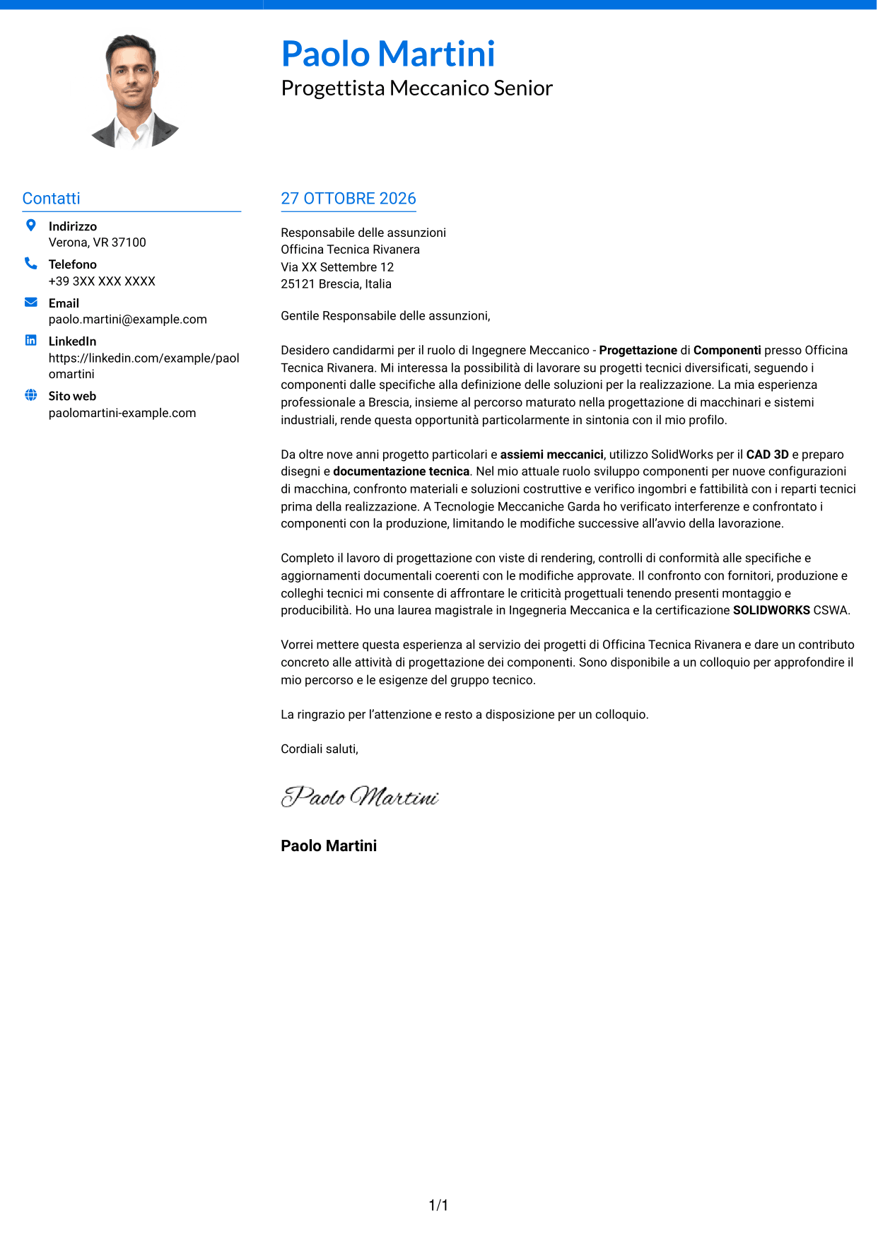 Lettera di presentazione Audace (formato a due colonne con accenti colorati e foto): Ingegnere Meccanico - Progettazione di Componenti, pagina 1