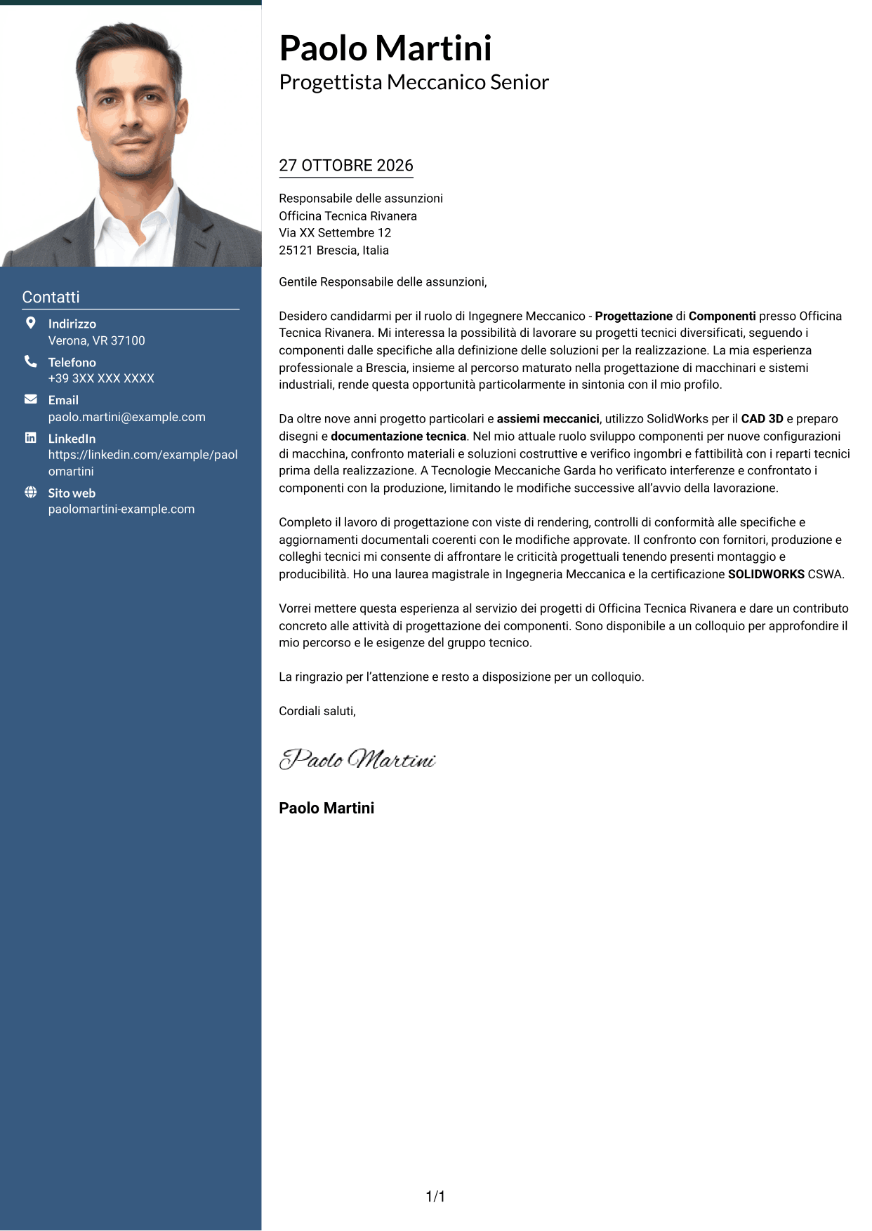 Lettera di presentazione Signature (formato con colonna laterale colorata e foto grande): Ingegnere Meccanico - Progettazione di Componenti, pagina 1