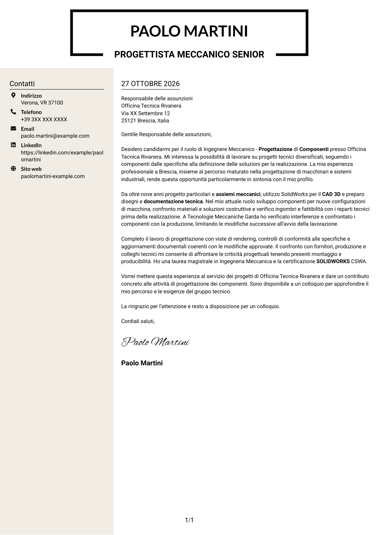 Lettera di presentazione Intraprendente (formato a due colonne con intestazione centrata senza foto): Ingegnere Meccanico - Progettazione di Componenti, pagina 1