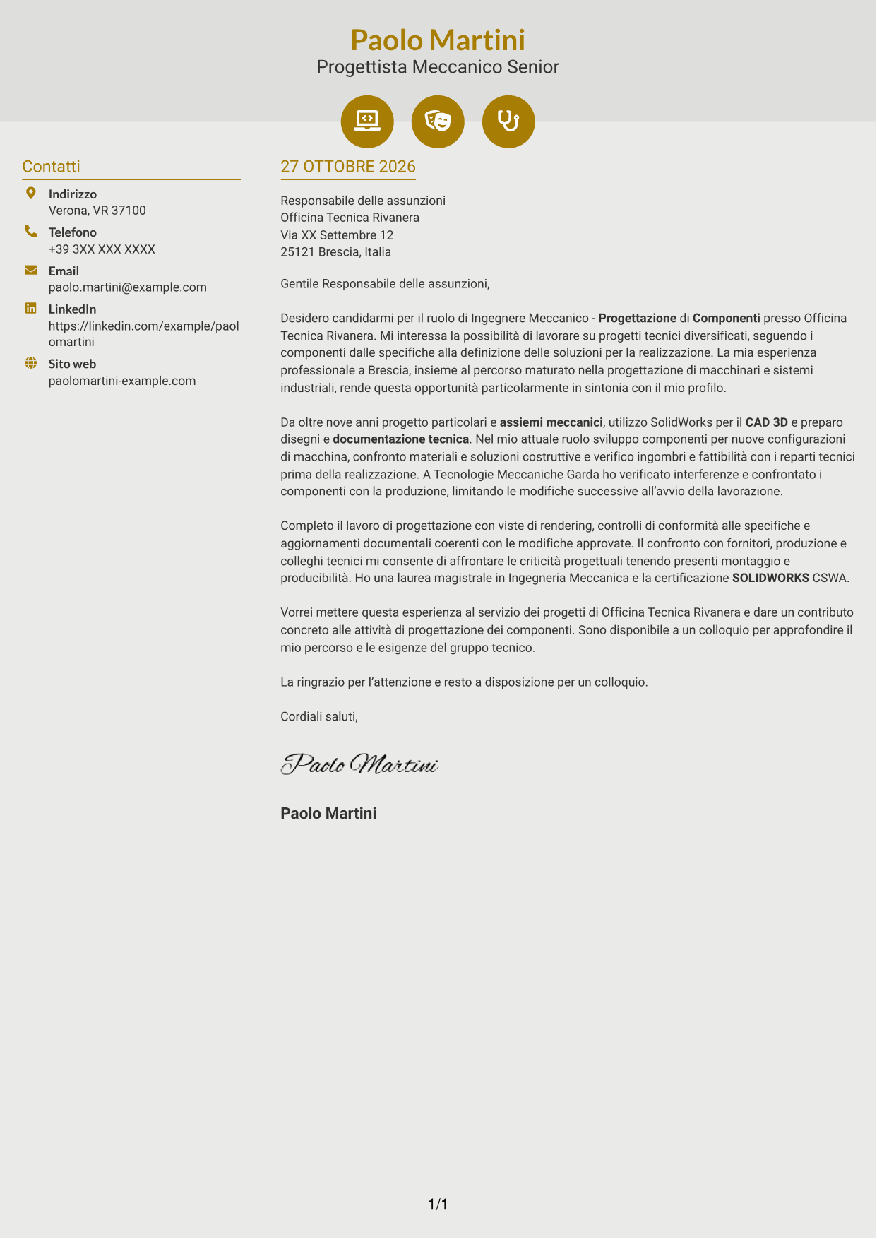 Lettera di presentazione Dinamico (formato a due colonne con icone): Ingegnere Meccanico - Progettazione di Componenti, pagina 1
