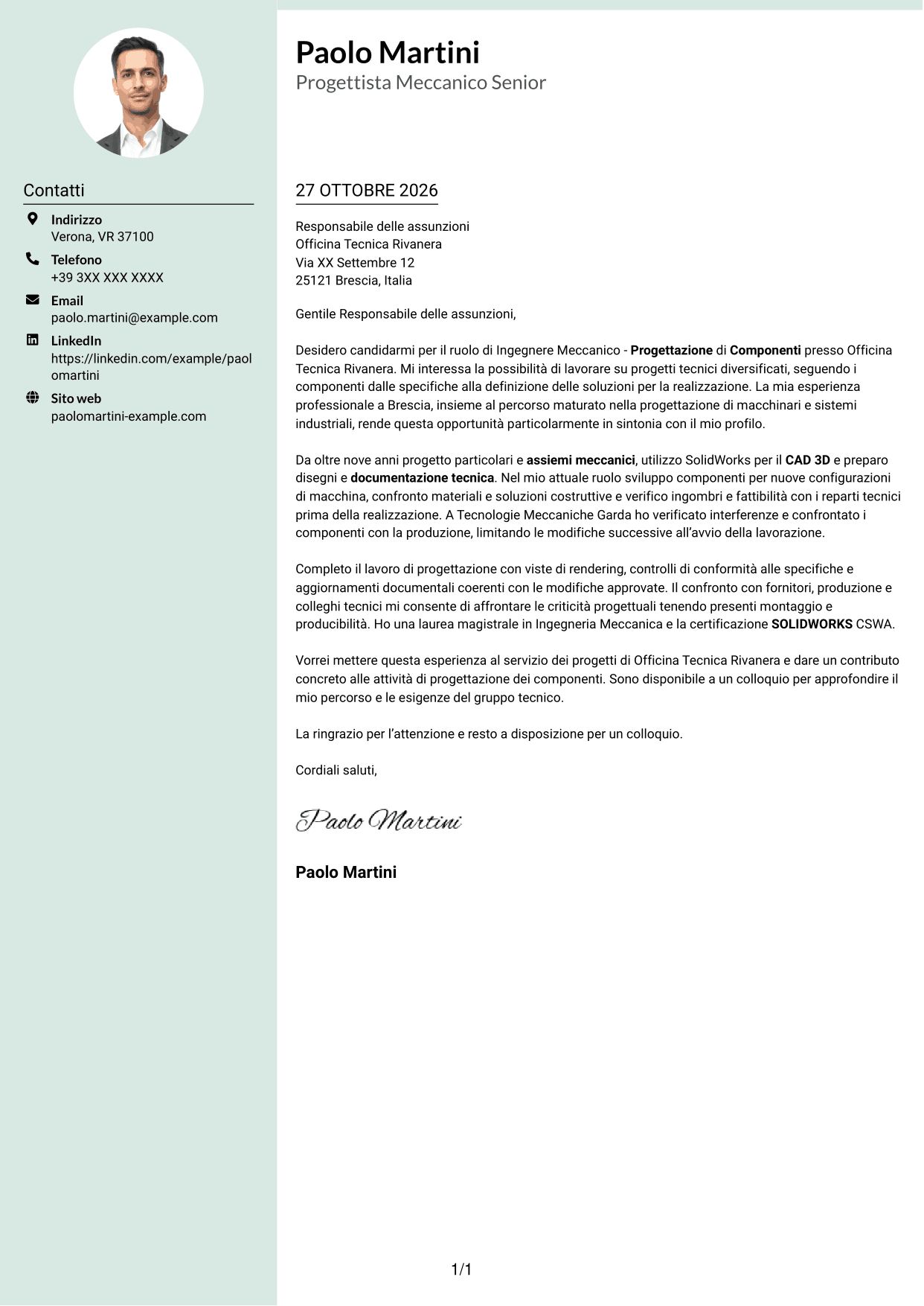 Lettera di presentazione Dirigente (formato con colonna laterale tenue e foto arrotondata): Ingegnere Meccanico - Progettazione di Componenti, pagina 1