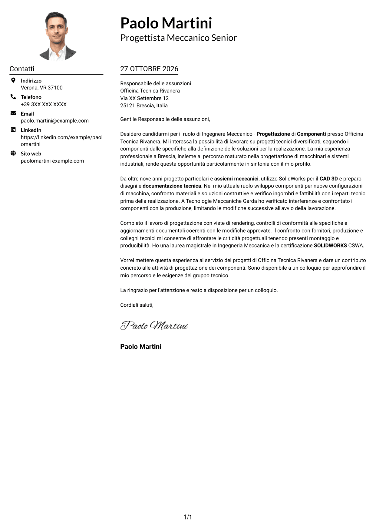 Esempio di lettera di presentazione — pagina 1