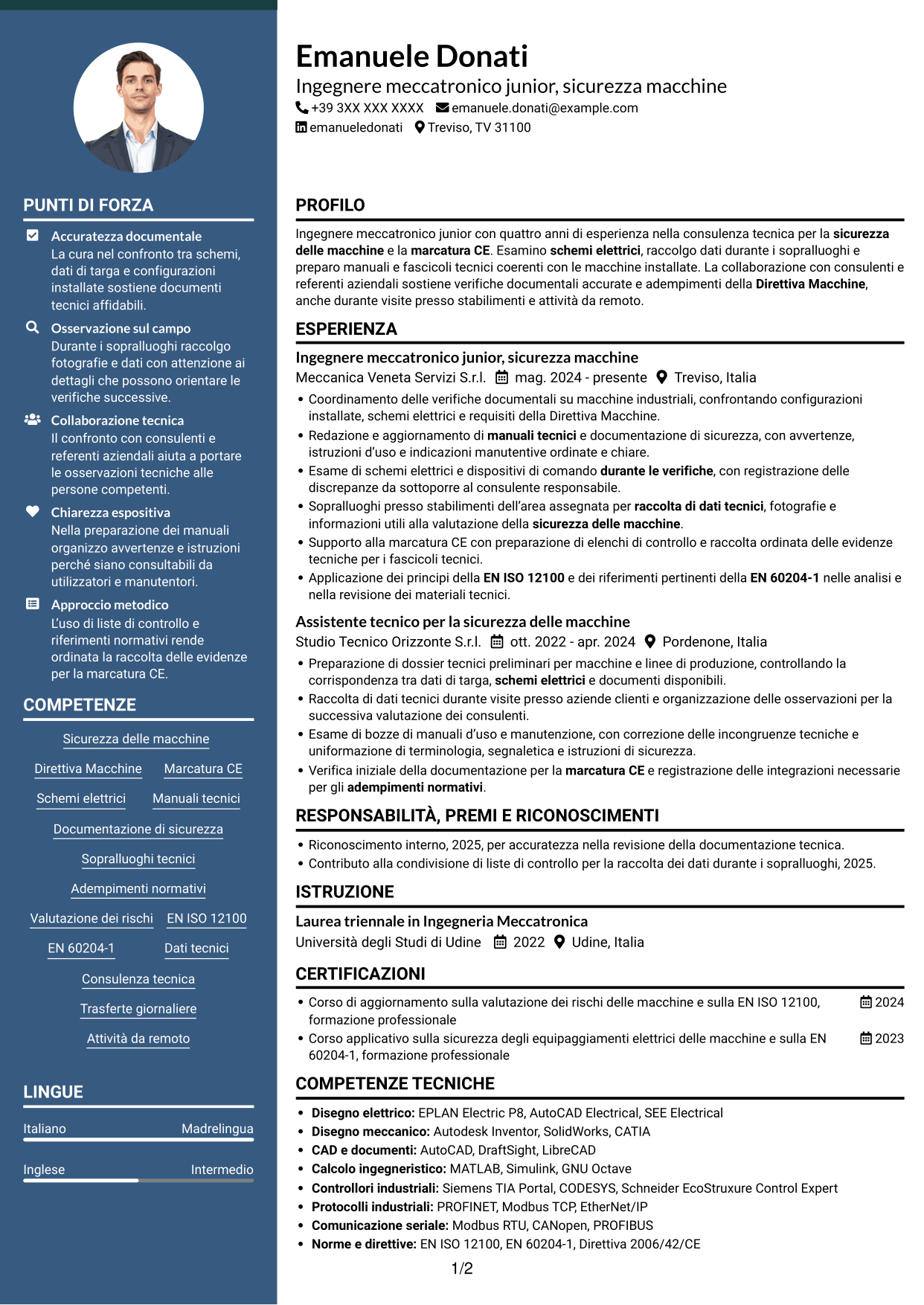 CV Elegante (formato con colonna laterale colorata e foto): Ingegnere Meccatronico/Elettrico Junior - Sicurezza Macchine CE, pagina 1