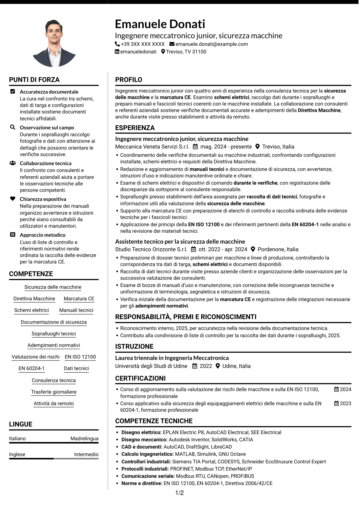 CV Moderno (formato a due colonne con foto a sinistra e separatore): Ingegnere Meccatronico/Elettrico Junior - Sicurezza Macchine CE, pagina 1