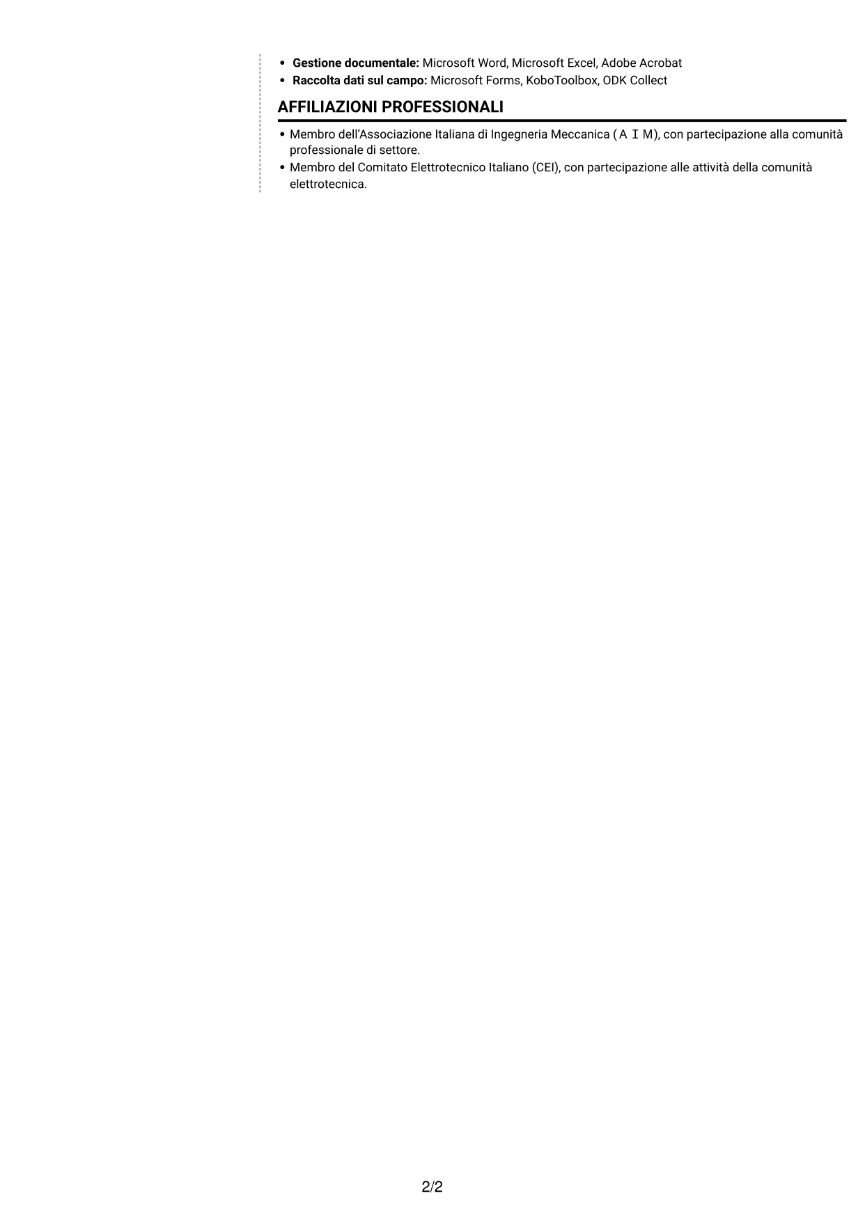 CV Moderno (formato a due colonne con foto a sinistra e separatore): Ingegnere Meccatronico/Elettrico Junior - Sicurezza Macchine CE, pagina 2