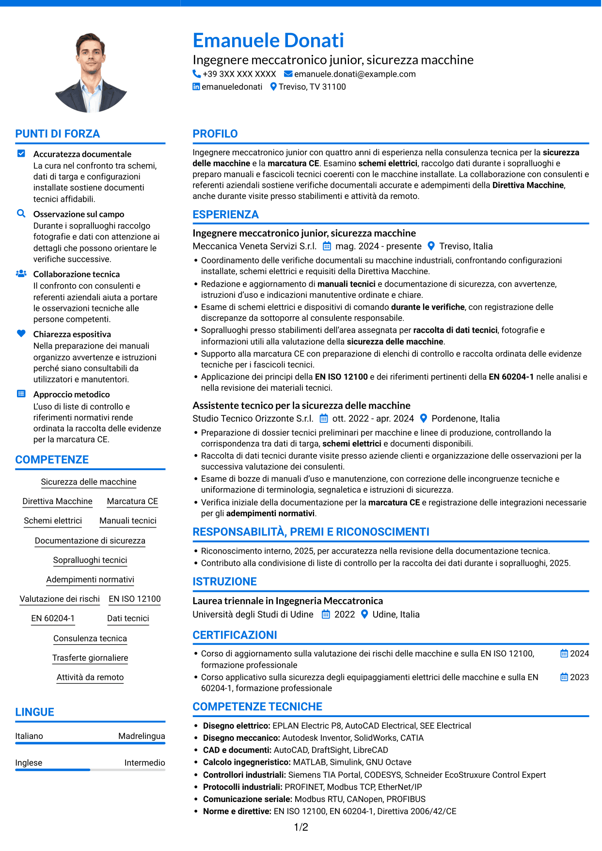 CV Audace (formato a due colonne con accenti colorati e foto): Ingegnere Meccatronico/Elettrico Junior - Sicurezza Macchine CE, pagina 1