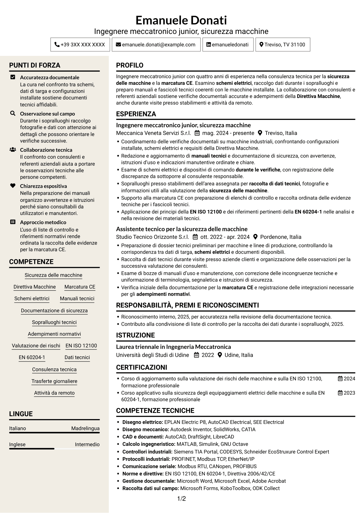 CV Intraprendente (formato a due colonne con intestazione centrata senza foto): Ingegnere Meccatronico/Elettrico Junior - Sicurezza Macchine CE, pagina 1