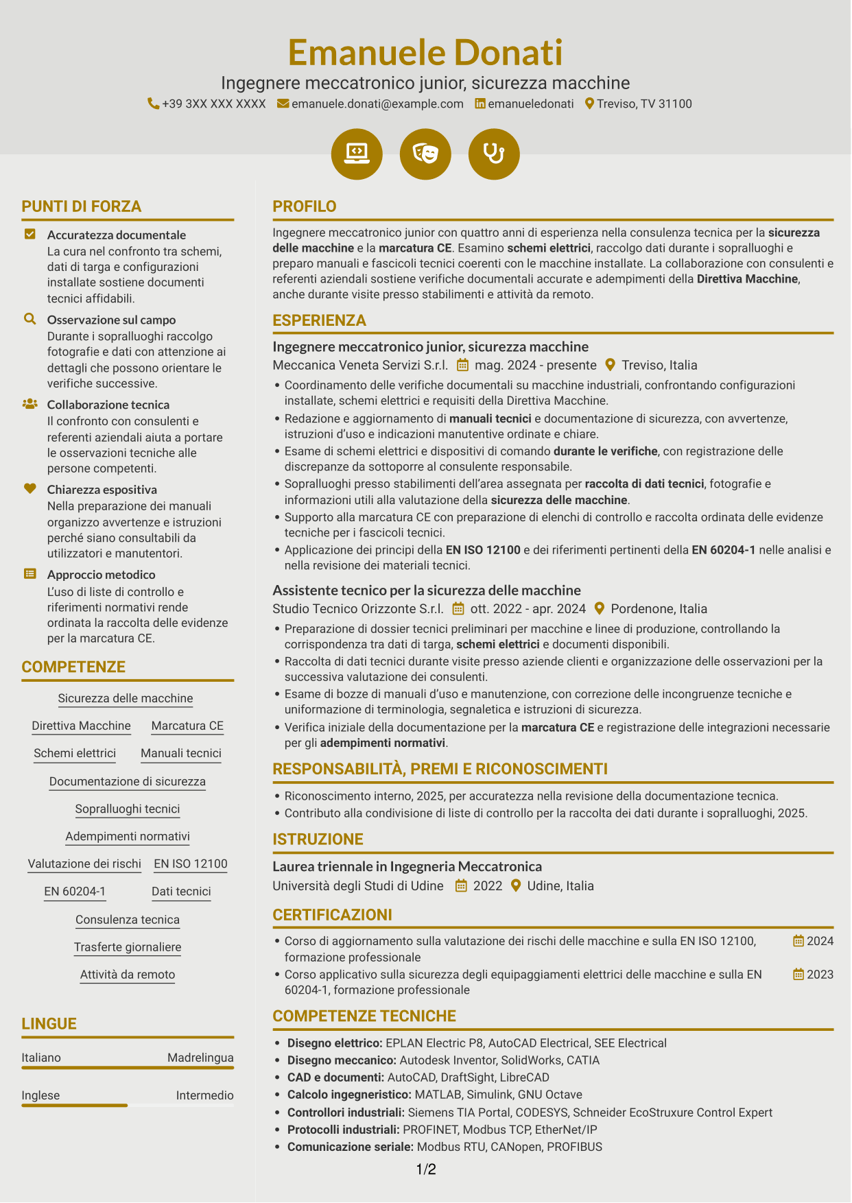 CV Dinamico (formato a due colonne con icone): Ingegnere Meccatronico/Elettrico Junior - Sicurezza Macchine CE, pagina 1