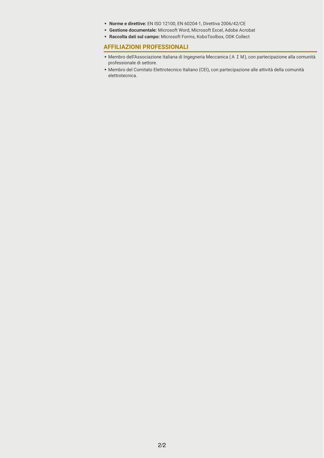CV Dinamico (formato a due colonne con icone): Ingegnere Meccatronico/Elettrico Junior - Sicurezza Macchine CE, pagina 2