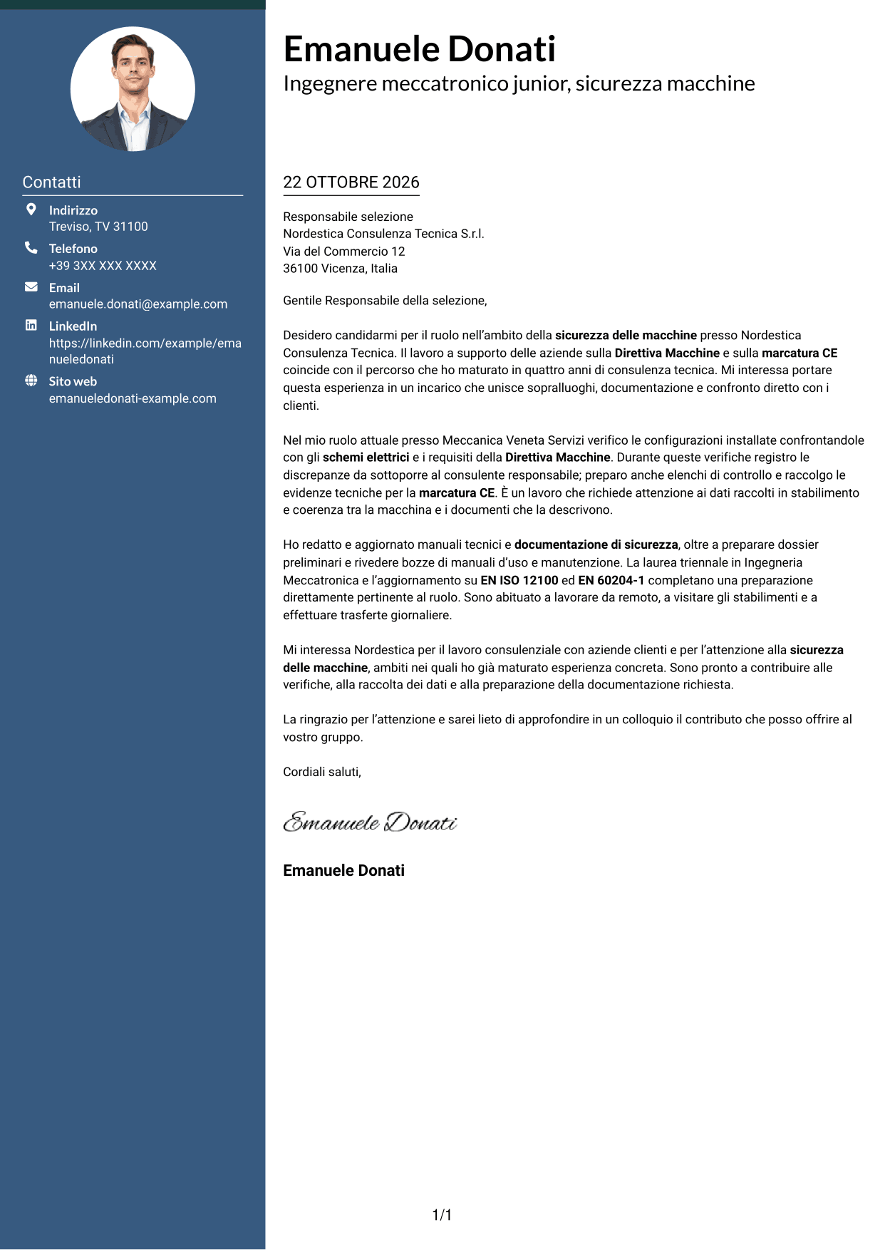 Lettera di presentazione Elegante (formato con colonna laterale colorata e foto): Ingegnere Meccatronico/Elettrico Junior - Sicurezza Macchine CE, pagina 1