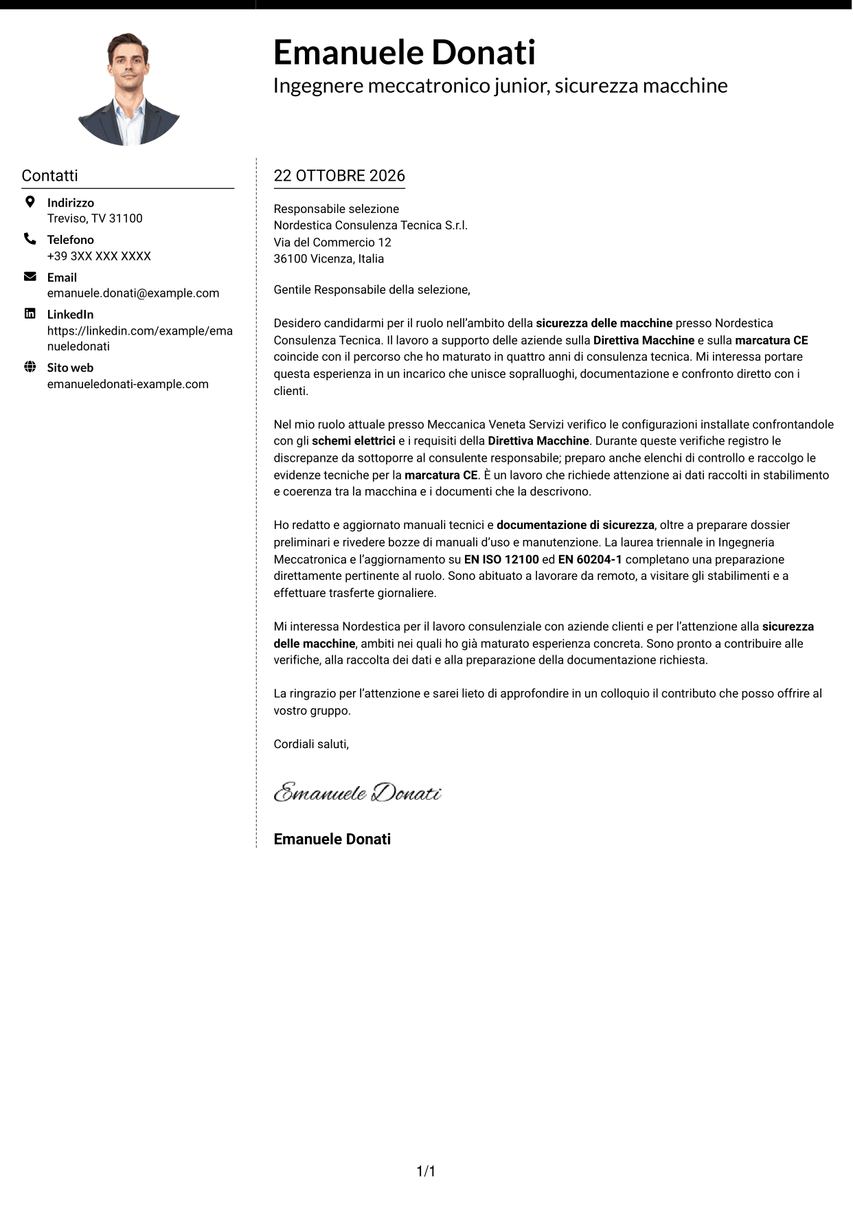 Lettera di presentazione Moderno (formato a due colonne con foto a sinistra e separatore): Ingegnere Meccatronico/Elettrico Junior - Sicurezza Macchine CE, pagina 1