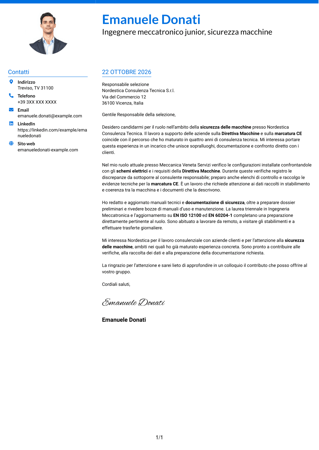 Lettera di presentazione Audace (formato a due colonne con accenti colorati e foto): Ingegnere Meccatronico/Elettrico Junior - Sicurezza Macchine CE, pagina 1