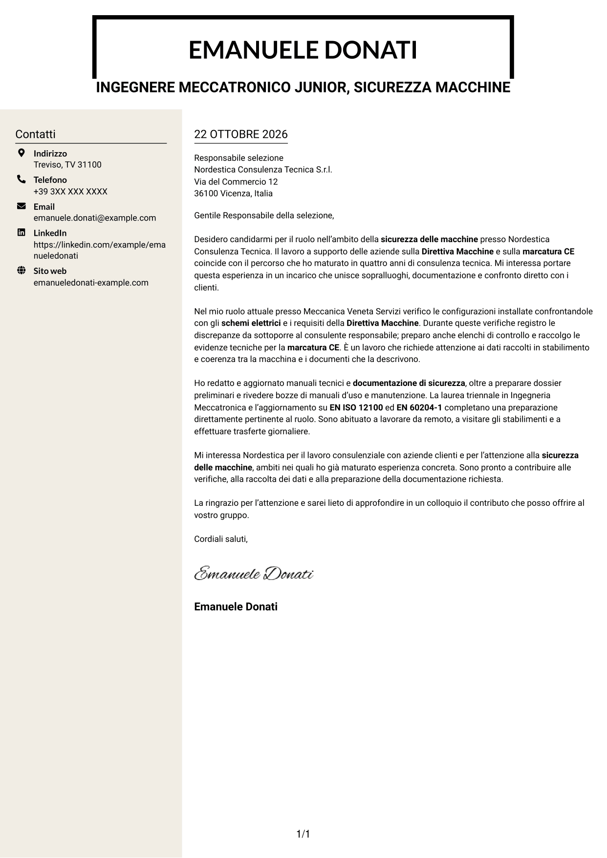 Lettera di presentazione Intraprendente (formato a due colonne con intestazione centrata senza foto): Ingegnere Meccatronico/Elettrico Junior - Sicurezza Macchine CE, pagina 1
