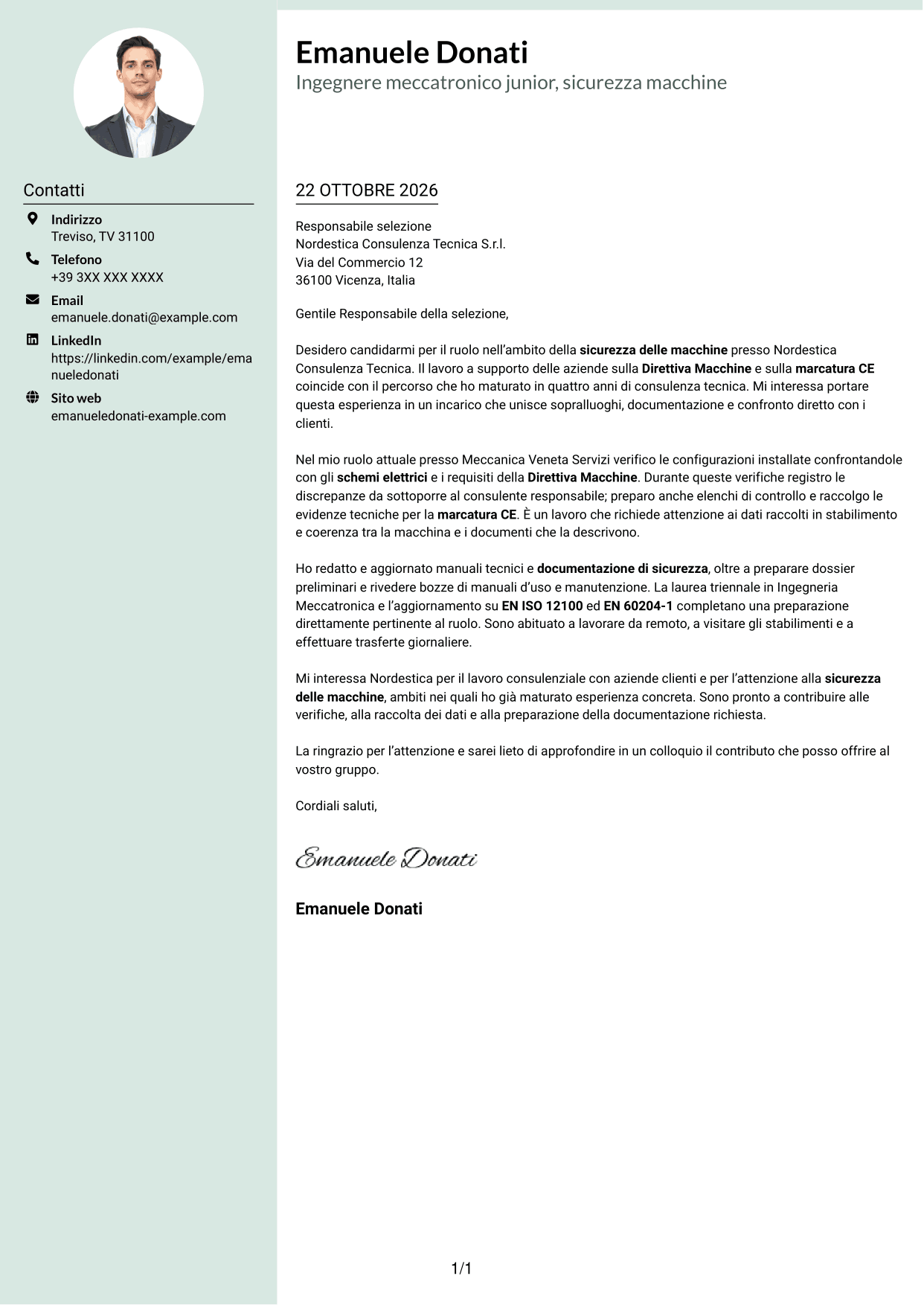 Lettera di presentazione Dirigente (formato con colonna laterale tenue e foto arrotondata): Ingegnere Meccatronico/Elettrico Junior - Sicurezza Macchine CE, pagina 1