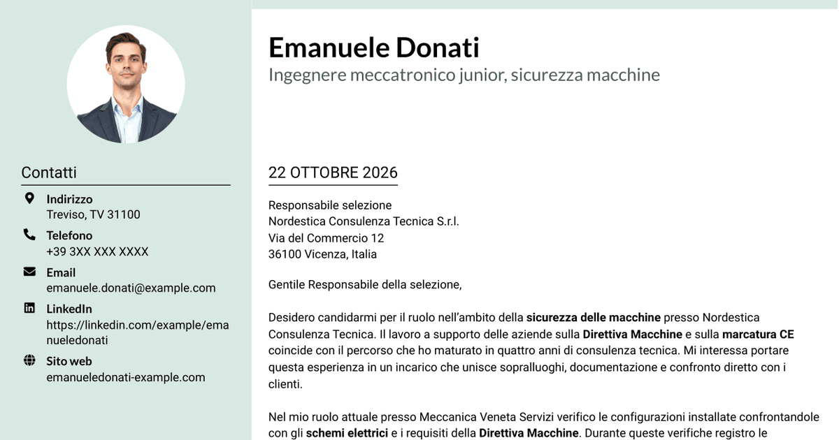 7 modelli di lettera di presentazione per Ingegnere Meccatronico/Elettrico Junior - Sicurezza Macchine CE, con esempi