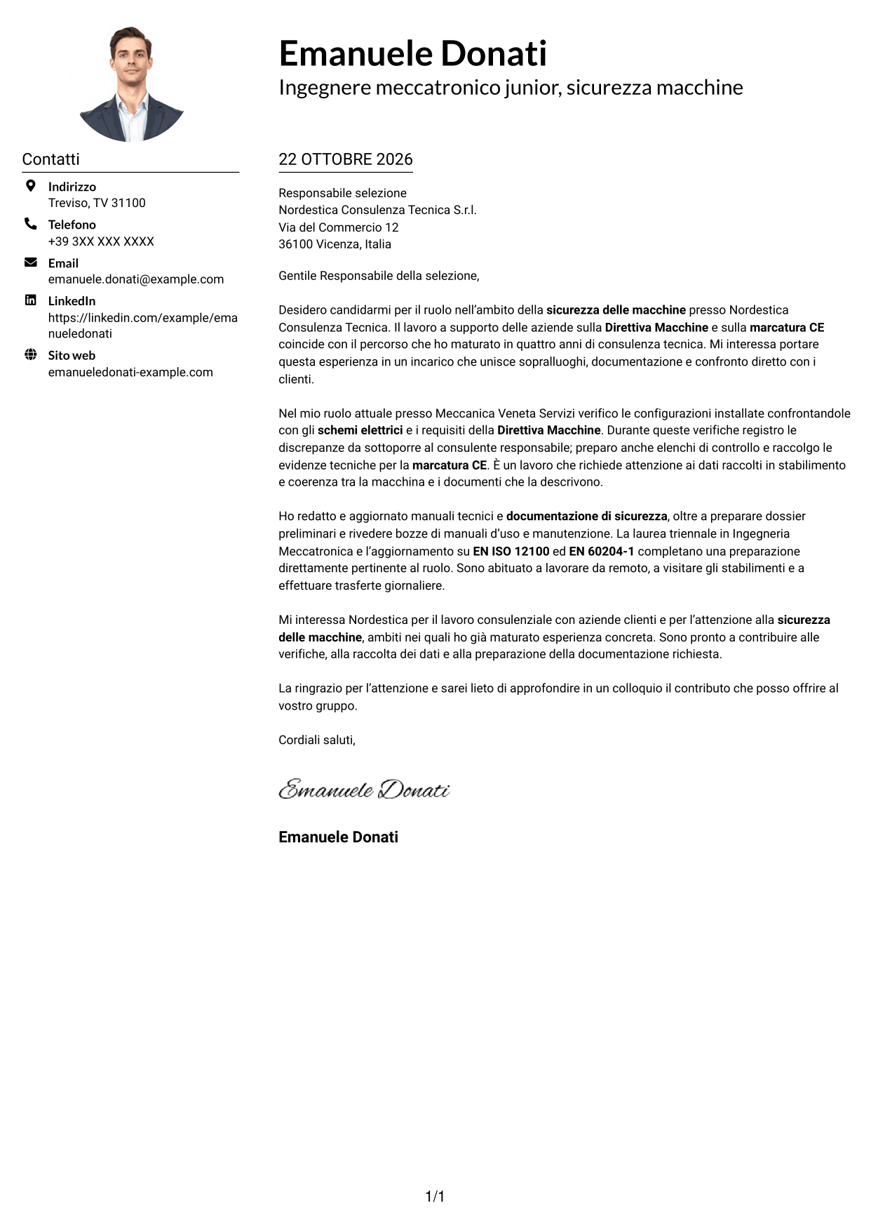 Esempio di lettera di presentazione — pagina 1