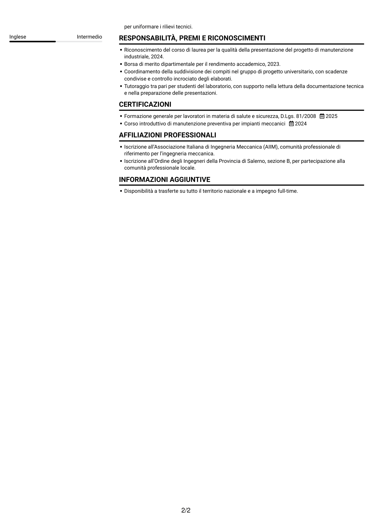 CV Compatto (formato sobrio a due colonne con foto): Ingegnere neolaureato - Manutenzione industriale, pagina 2